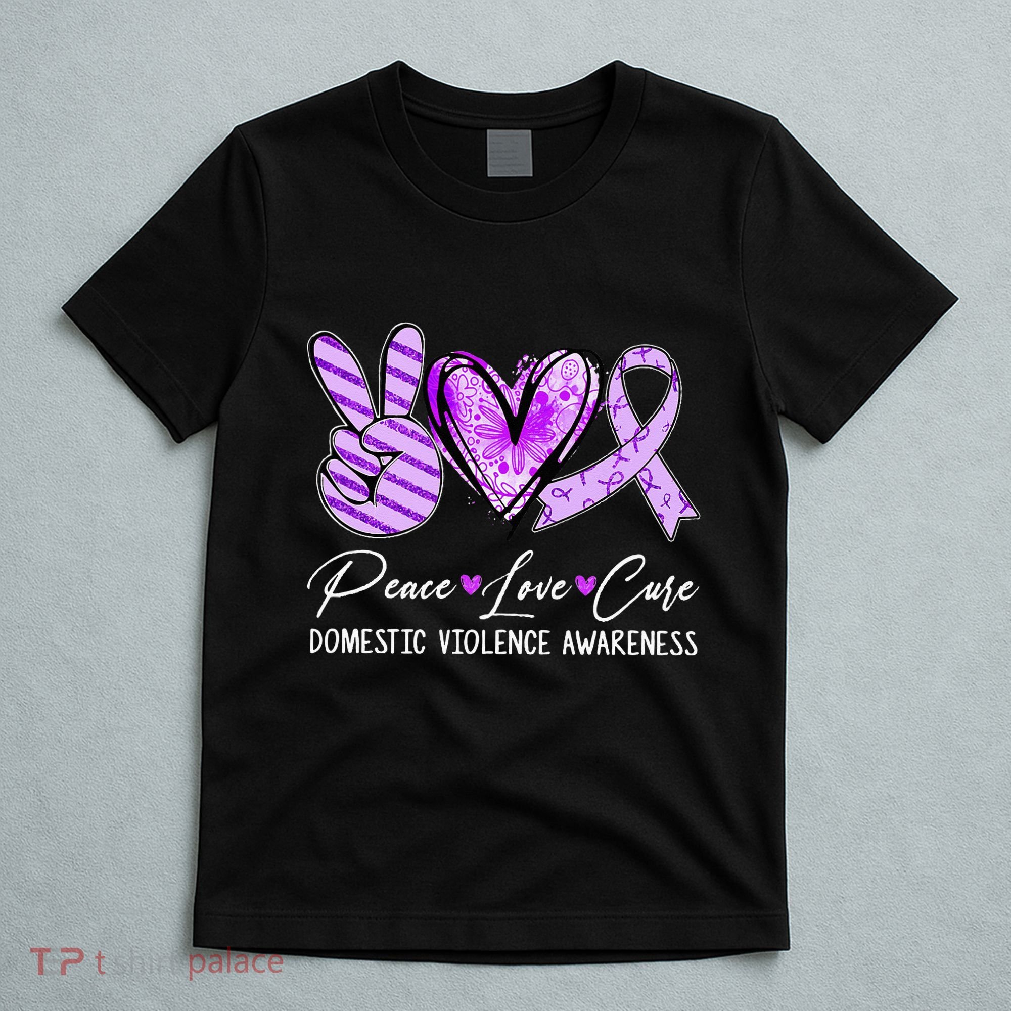Peace Love Cure Purple Ribbon Domestic Violence Awareness T-Shirt