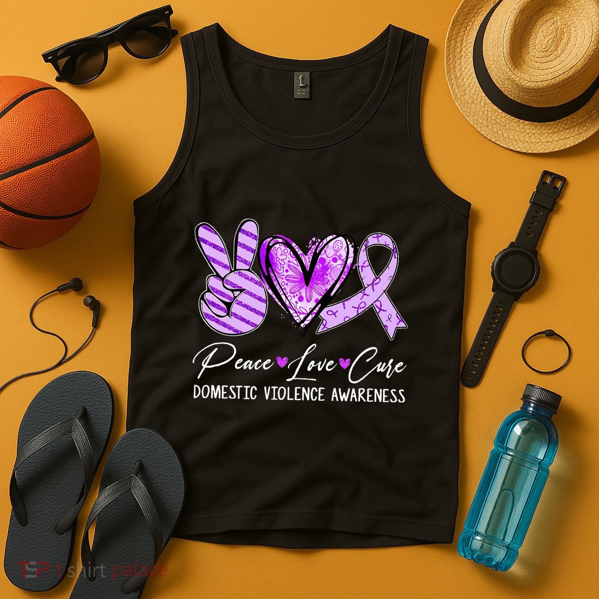 Peace Love Cure Purple Ribbon Domestic Violence Awareness Tank Top