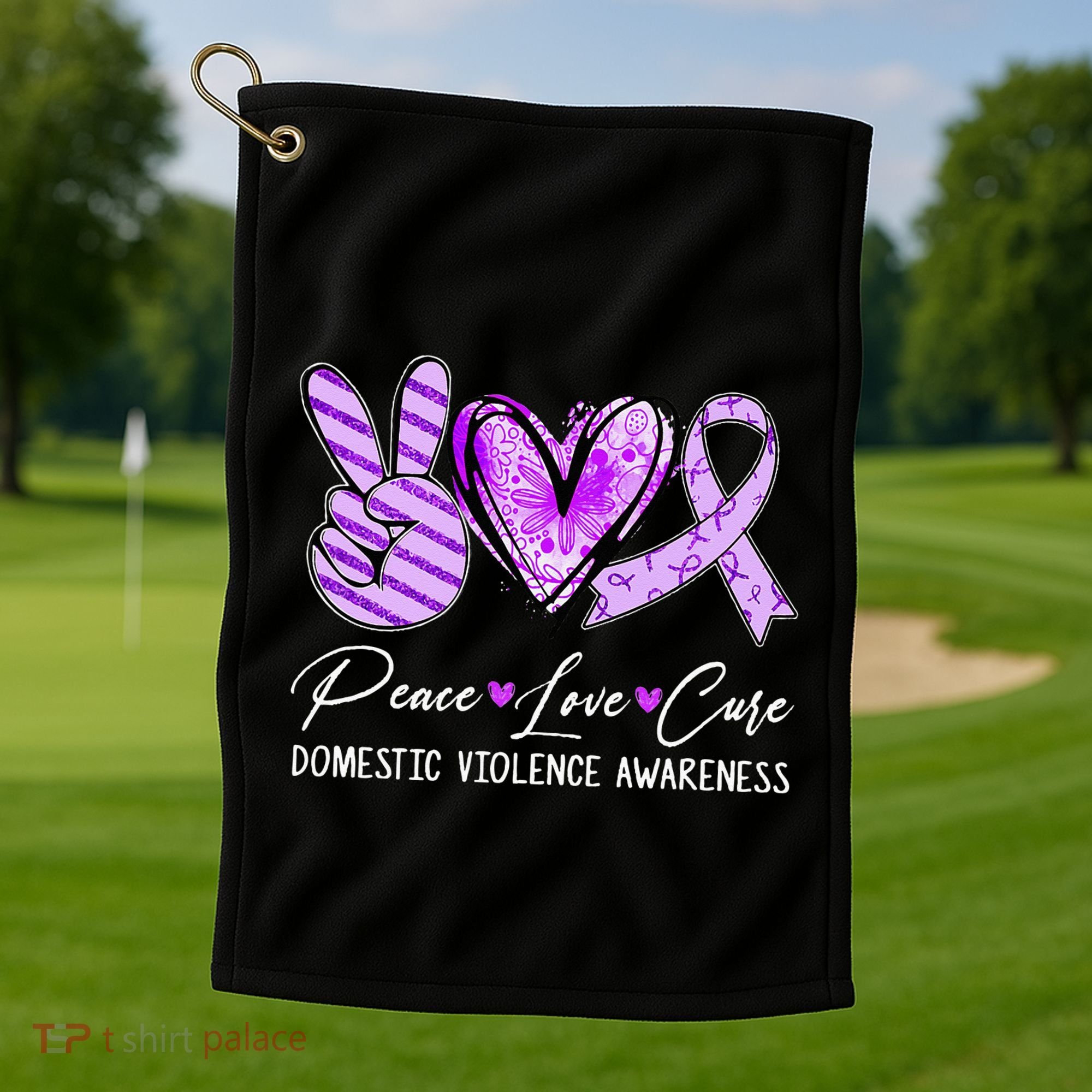 Peace Love Cure Purple Ribbon Domestic Violence Awareness Golf Towel