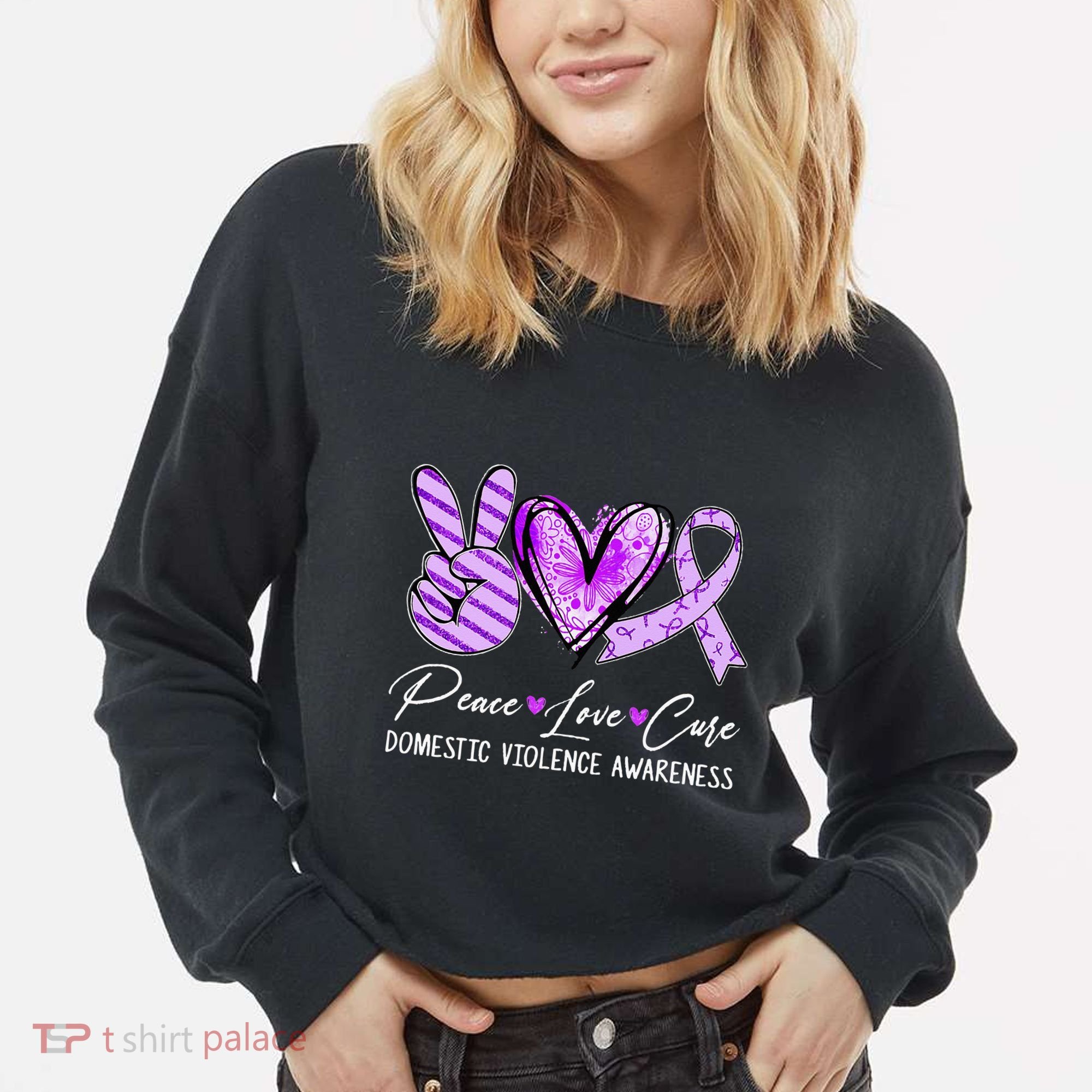Peace Love Cure Purple Ribbon Domestic Violence Awareness Cropped Pullover Crew
