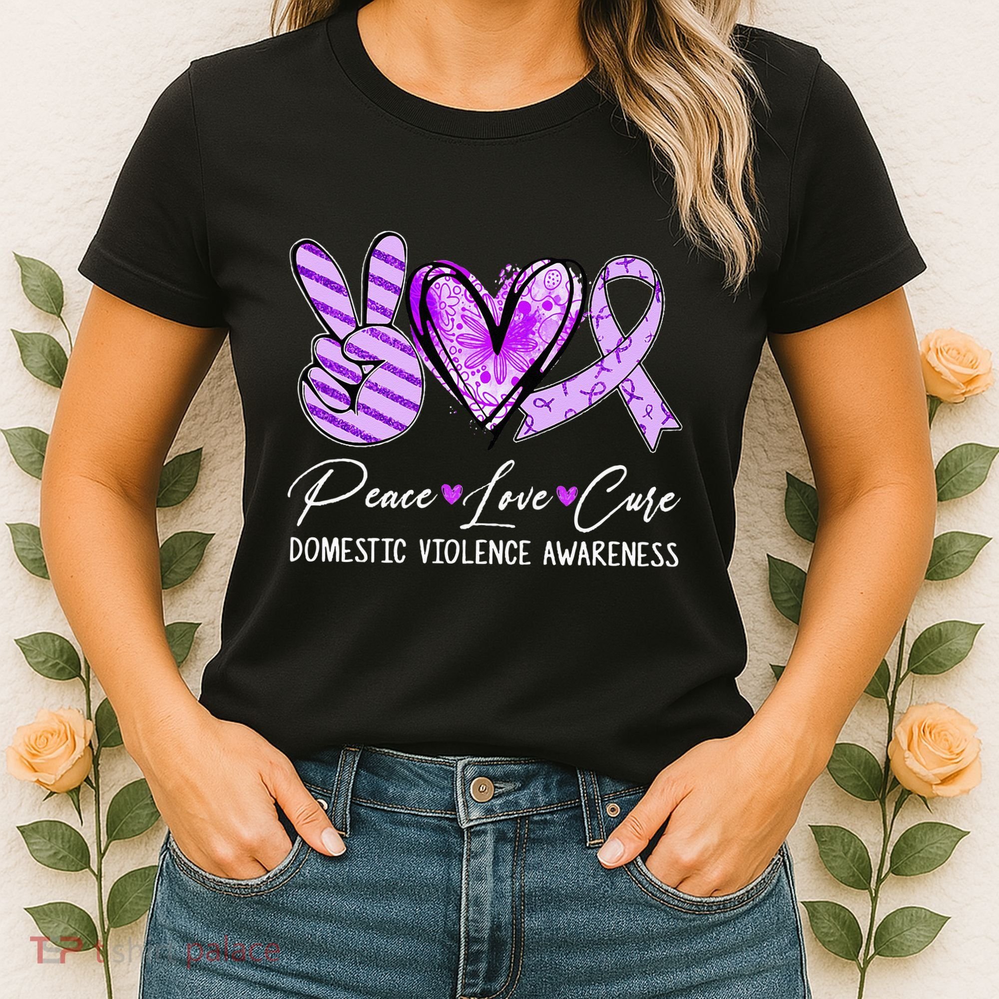 Peace Love Cure Purple Ribbon Domestic Violence Awareness Women's T-Shirt