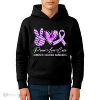 Peace Love Cure Purple Ribbon Domestic Violence Awareness Kids Hoodie thumb 4