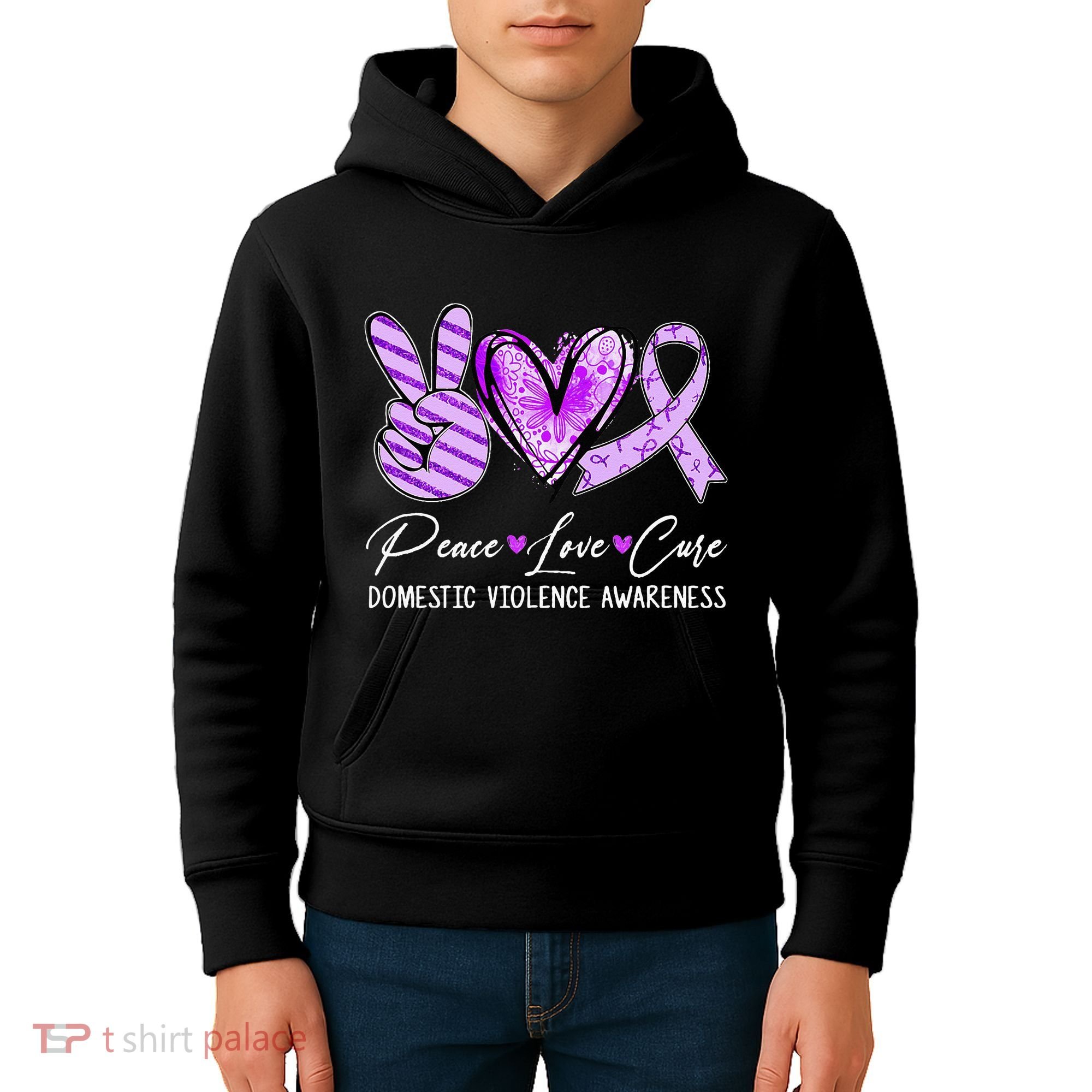 Peace Love Cure Purple Ribbon Domestic Violence Awareness Kids Hoodie
