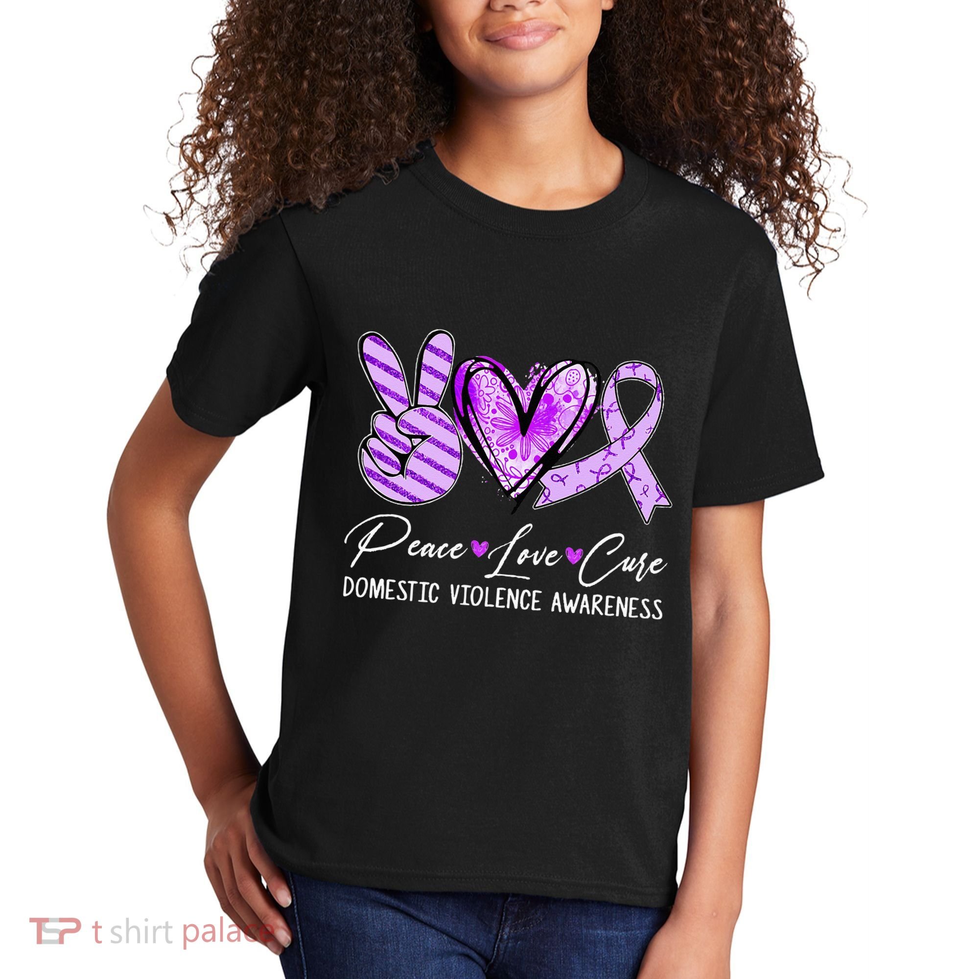 Peace Love Cure Purple Ribbon Domestic Violence Awareness Kids T-Shirt