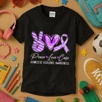 Peace Love Cure Purple Ribbon Domestic Violence Awareness Kids T-Shirt thumb 3