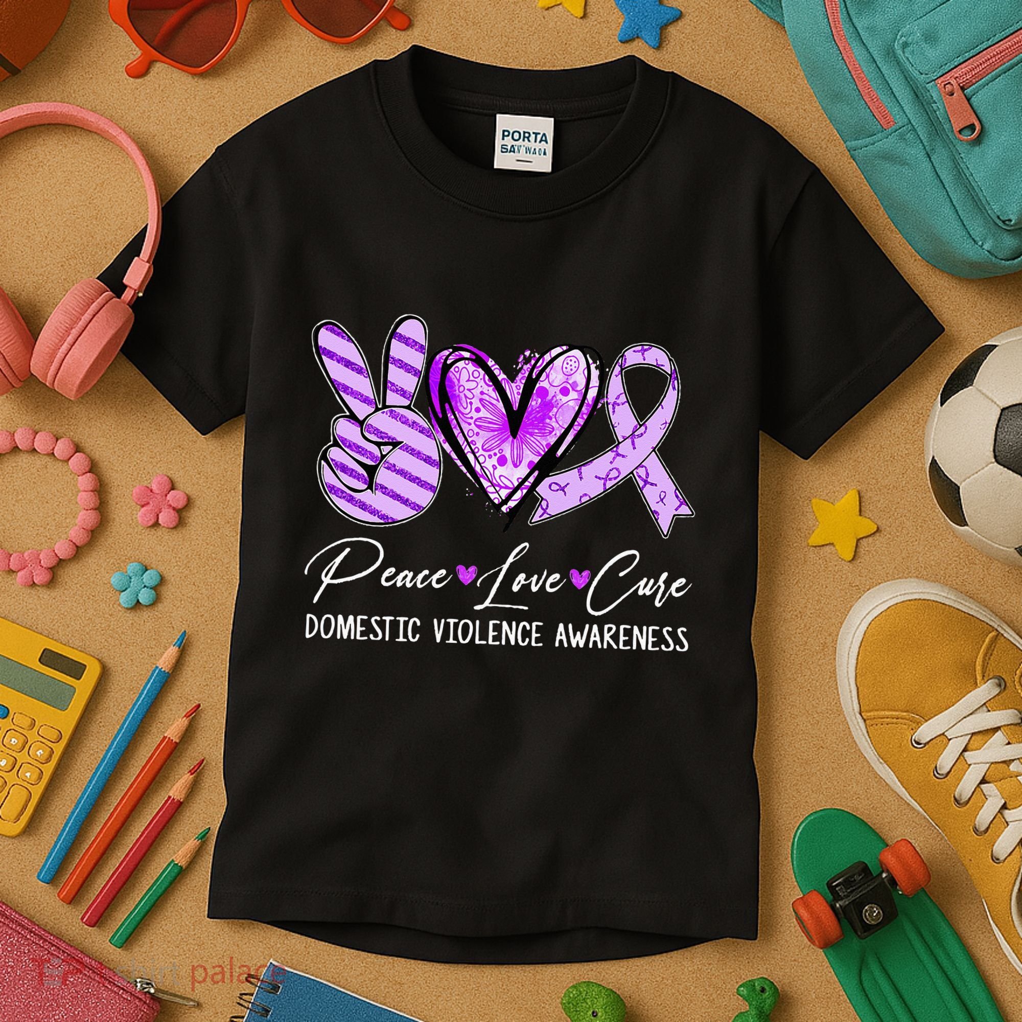 Peace Love Cure Purple Ribbon Domestic Violence Awareness Kids T-Shirt