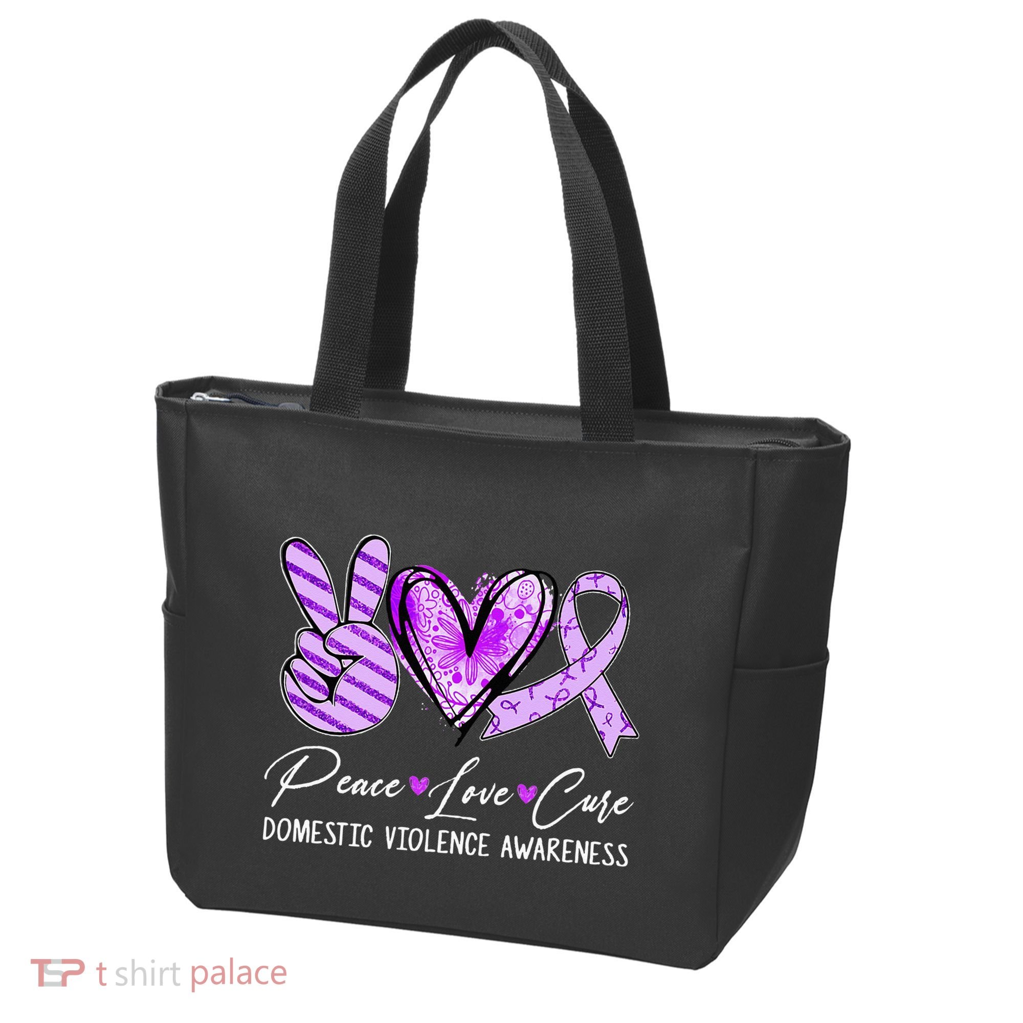 Peace Love Cure Purple Ribbon Domestic Violence Awareness Tote Bag