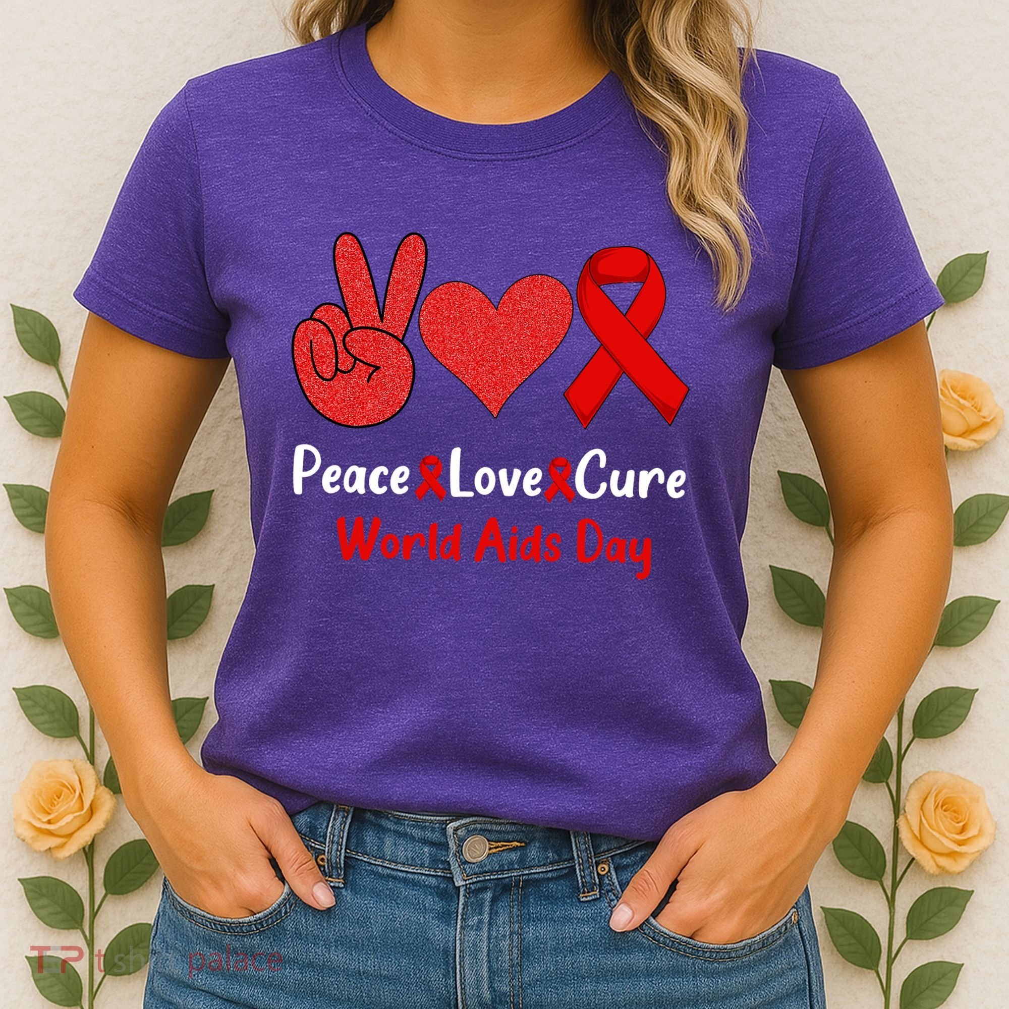 Peace Love Cure World Aids Day HIV AIDS Awareness Women's T-Shirt