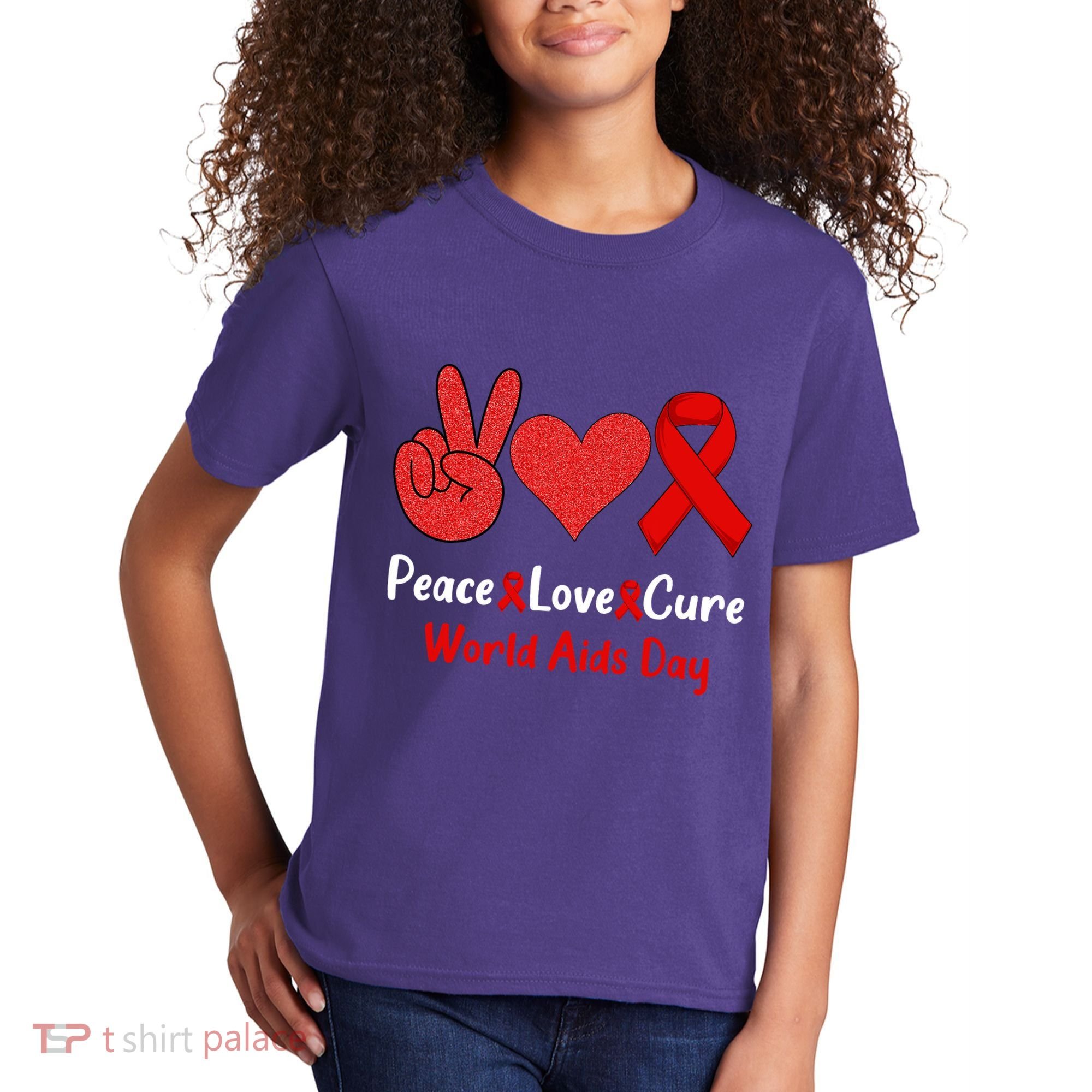 Peace Love Cure World Aids Day HIV AIDS Awareness Kids T-Shirt