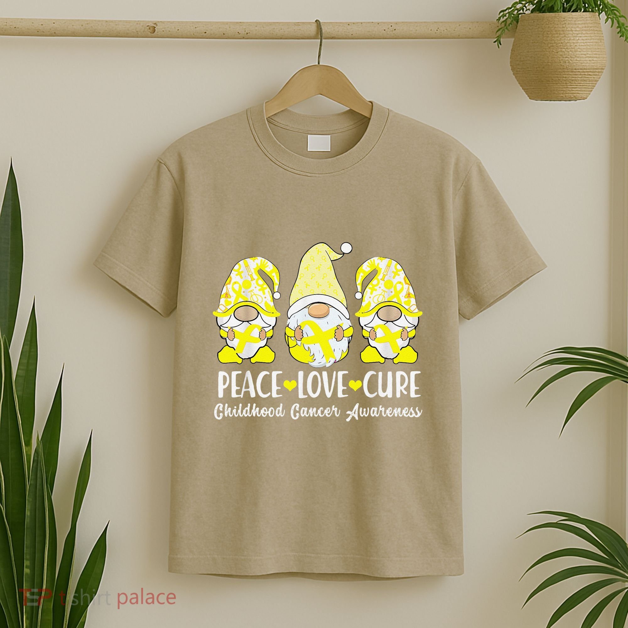 Peace Love Cure Childhood Cancer Awareness Ribbon Gnomies T-Shirt
