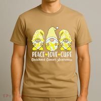 Peace Love Cure Childhood Cancer Awareness Ribbon Gnomies T-Shirt thumb 3