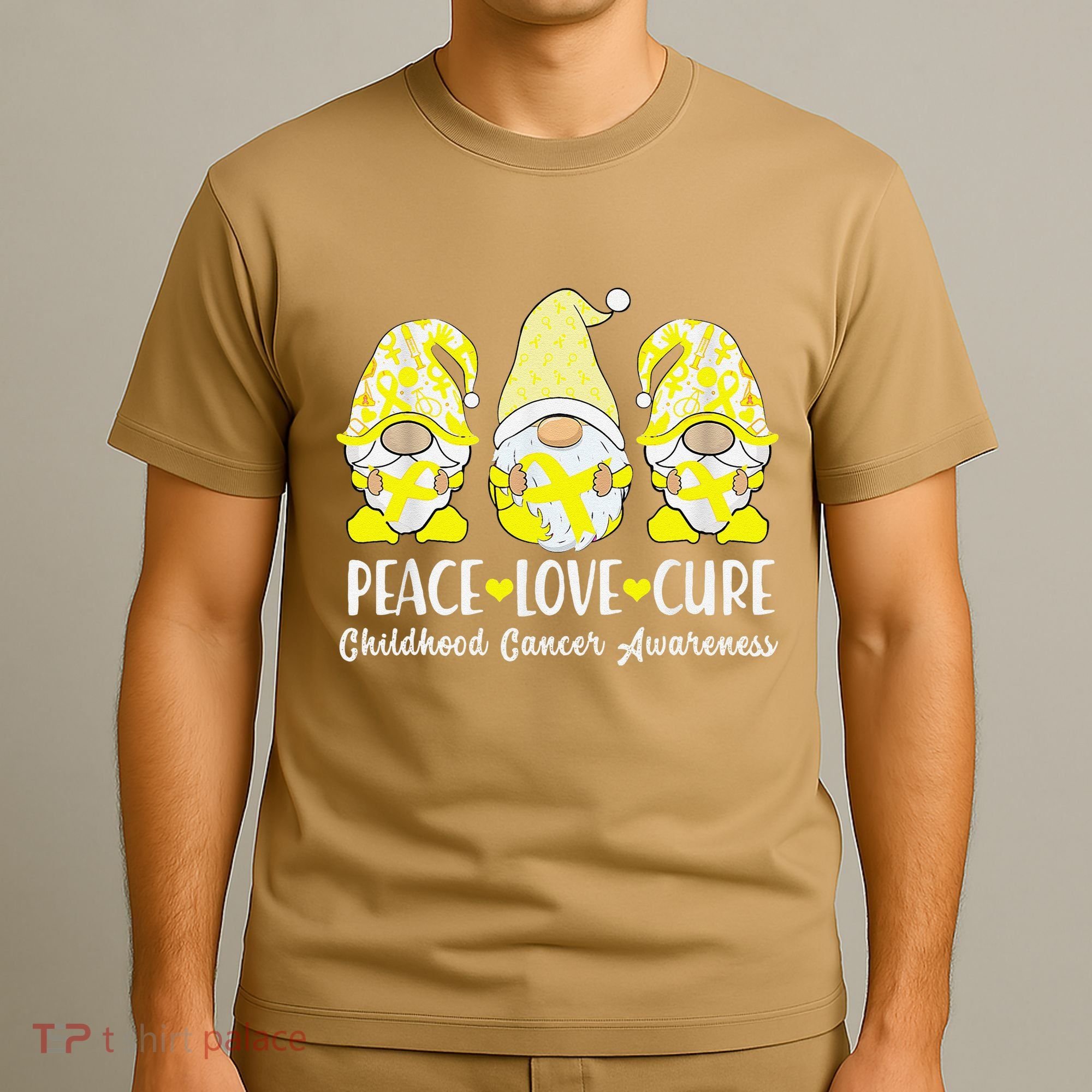 Peace Love Cure Childhood Cancer Awareness Ribbon Gnomies T-Shirt