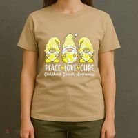 Peace Love Cure Childhood Cancer Awareness Ribbon Gnomies T-Shirt thumb 4