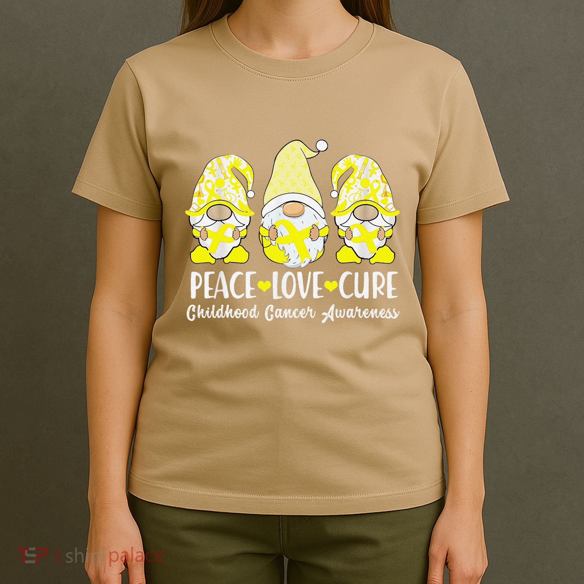 Peace Love Cure Childhood Cancer Awareness Ribbon Gnomies T-Shirt