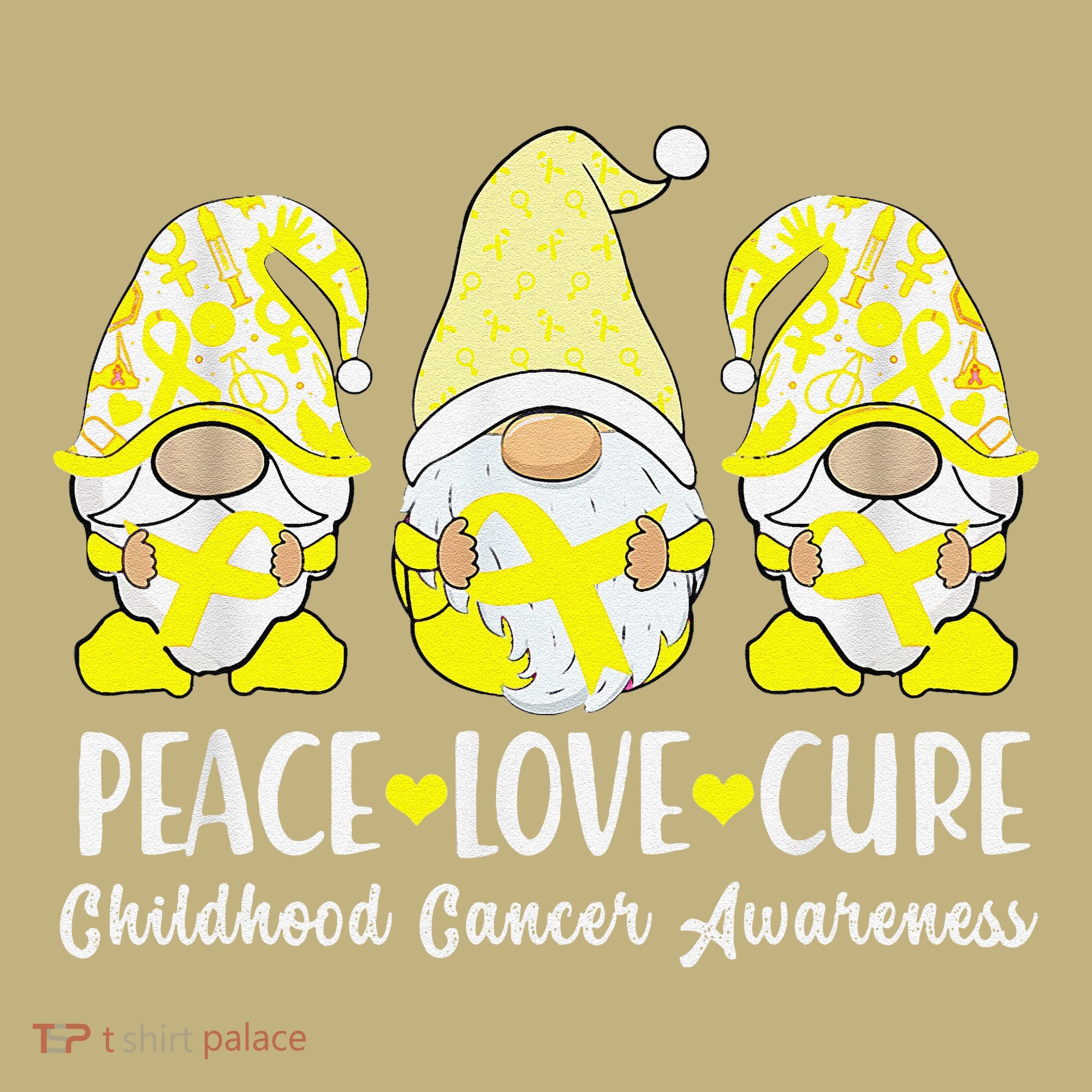Peace Love Cure Childhood Cancer Awareness Ribbon Gnomies T-Shirt