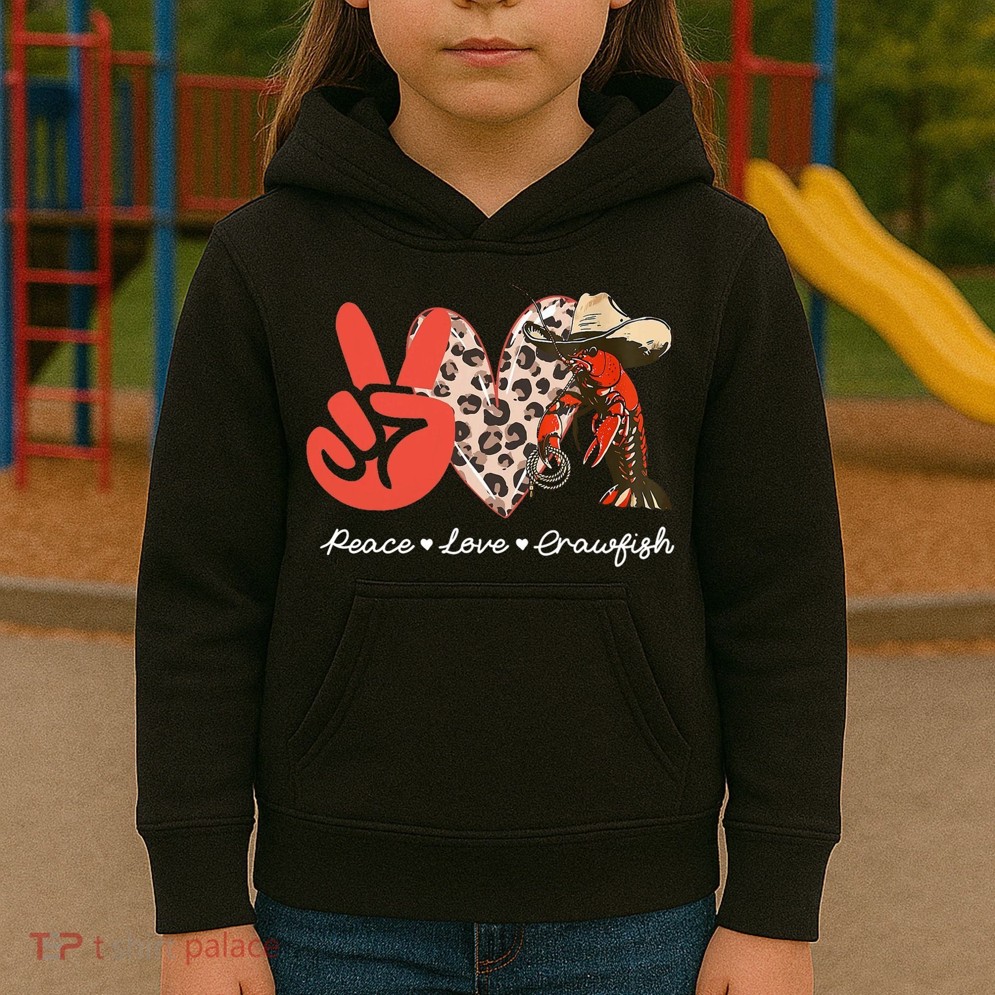 Peace Love Crawfish Leopard Crawfish Boil Cajun Lobster Kids Hoodie
