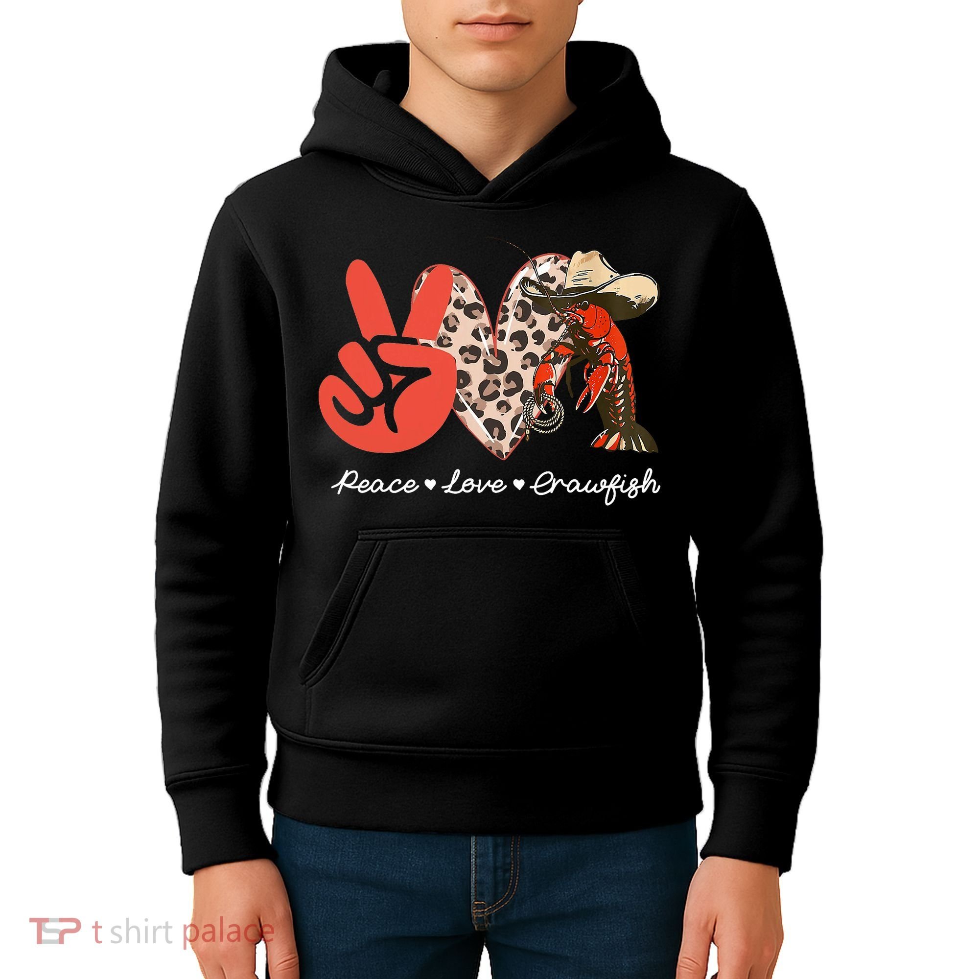 Peace Love Crawfish Leopard Crawfish Boil Cajun Lobster Kids Hoodie