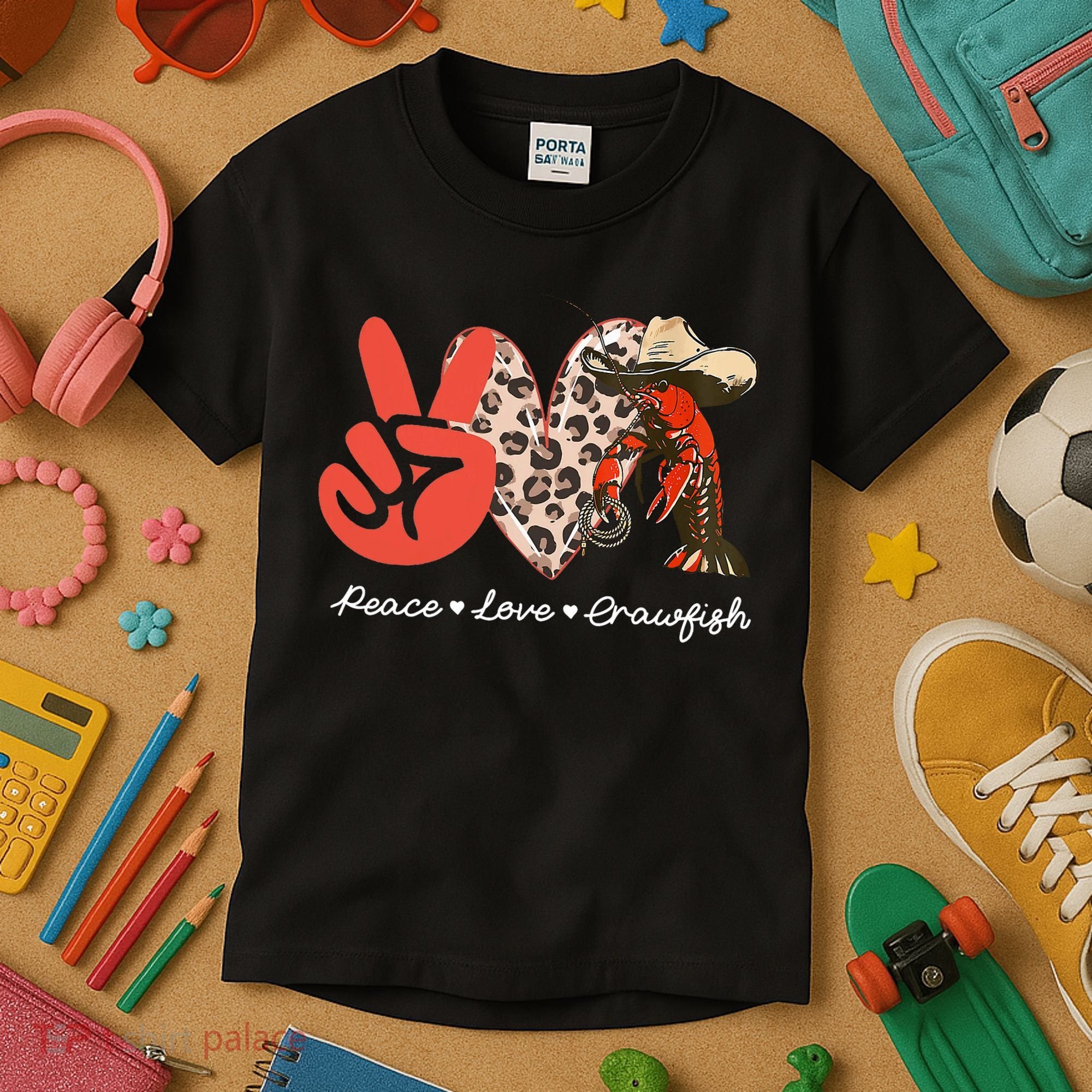 Peace Love Crawfish Leopard Crawfish Boil Cajun Lobster Kids T-Shirt
