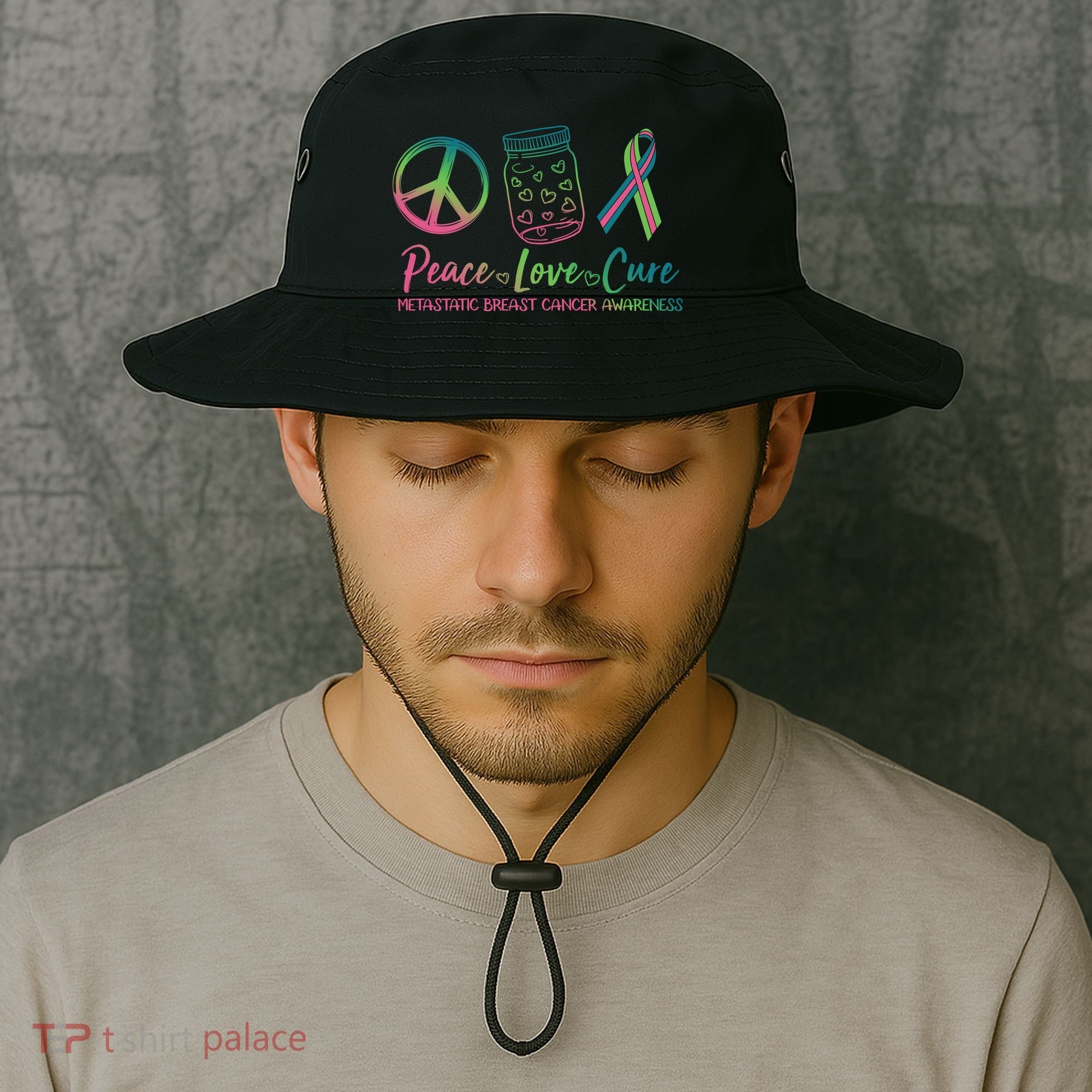 Peace Love Cure Metastatic Breast Cancer Awareness Bucket Hat