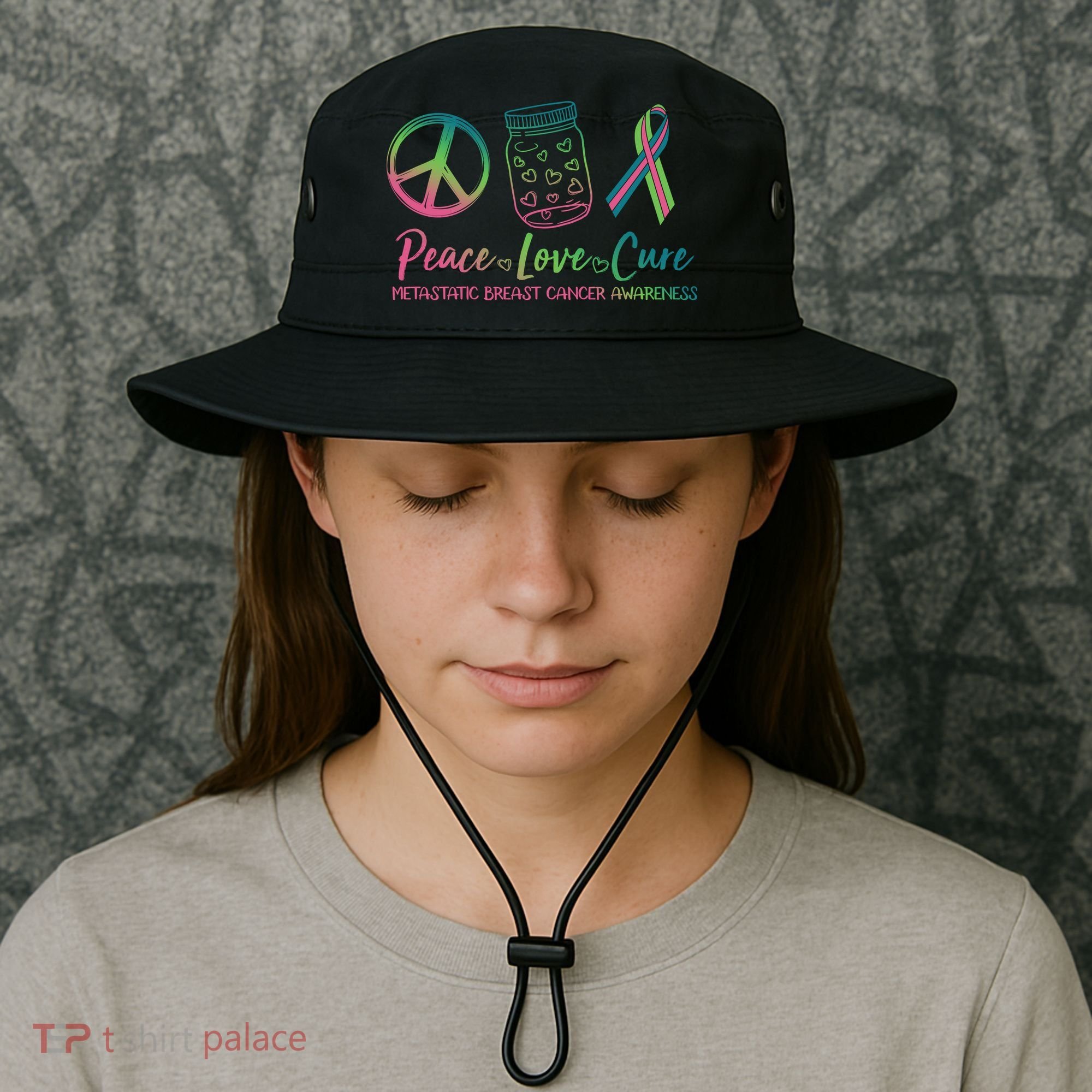 Peace Love Cure Metastatic Breast Cancer Awareness Bucket Hat