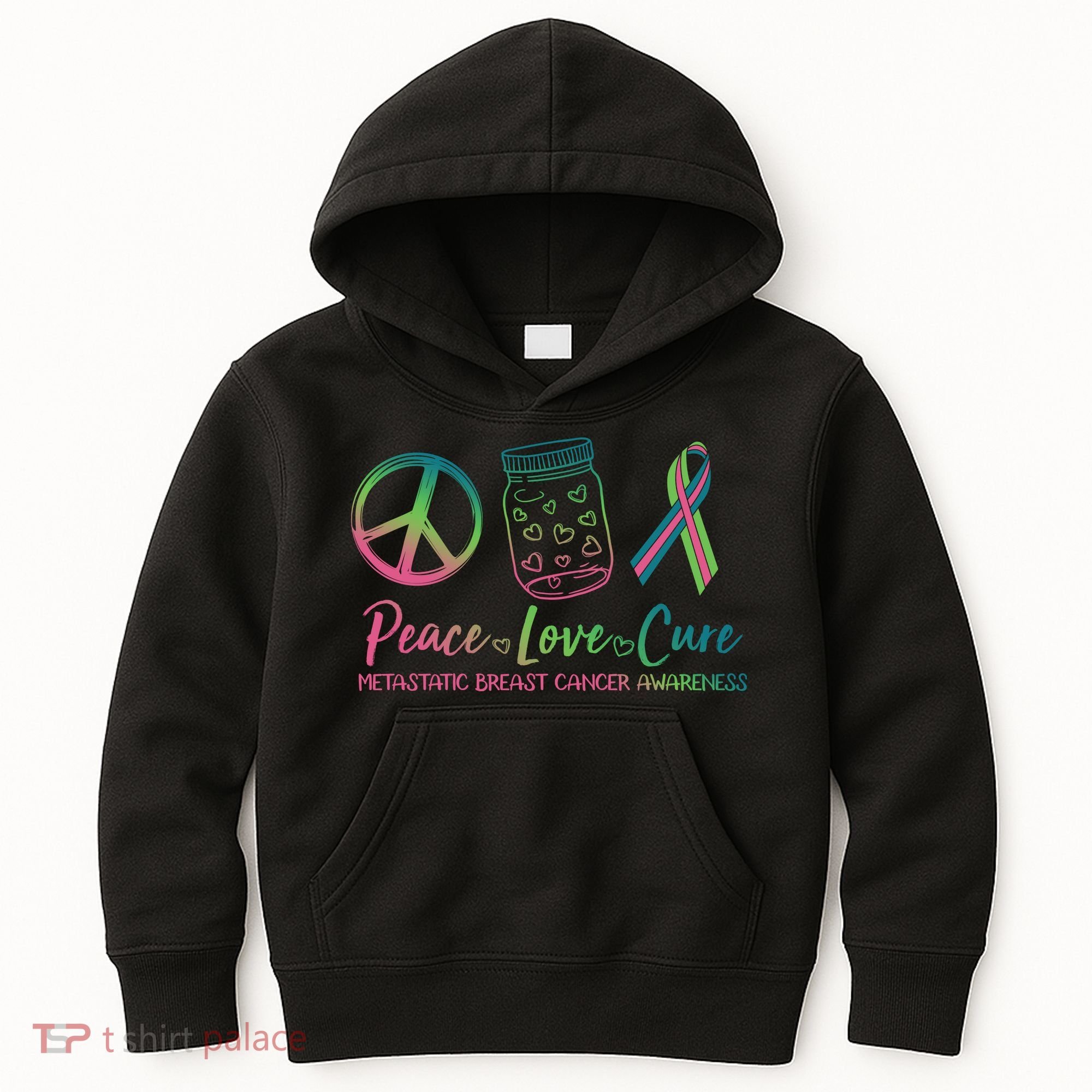 Peace Love Cure Metastatic Breast Cancer Awareness Kids Hoodie
