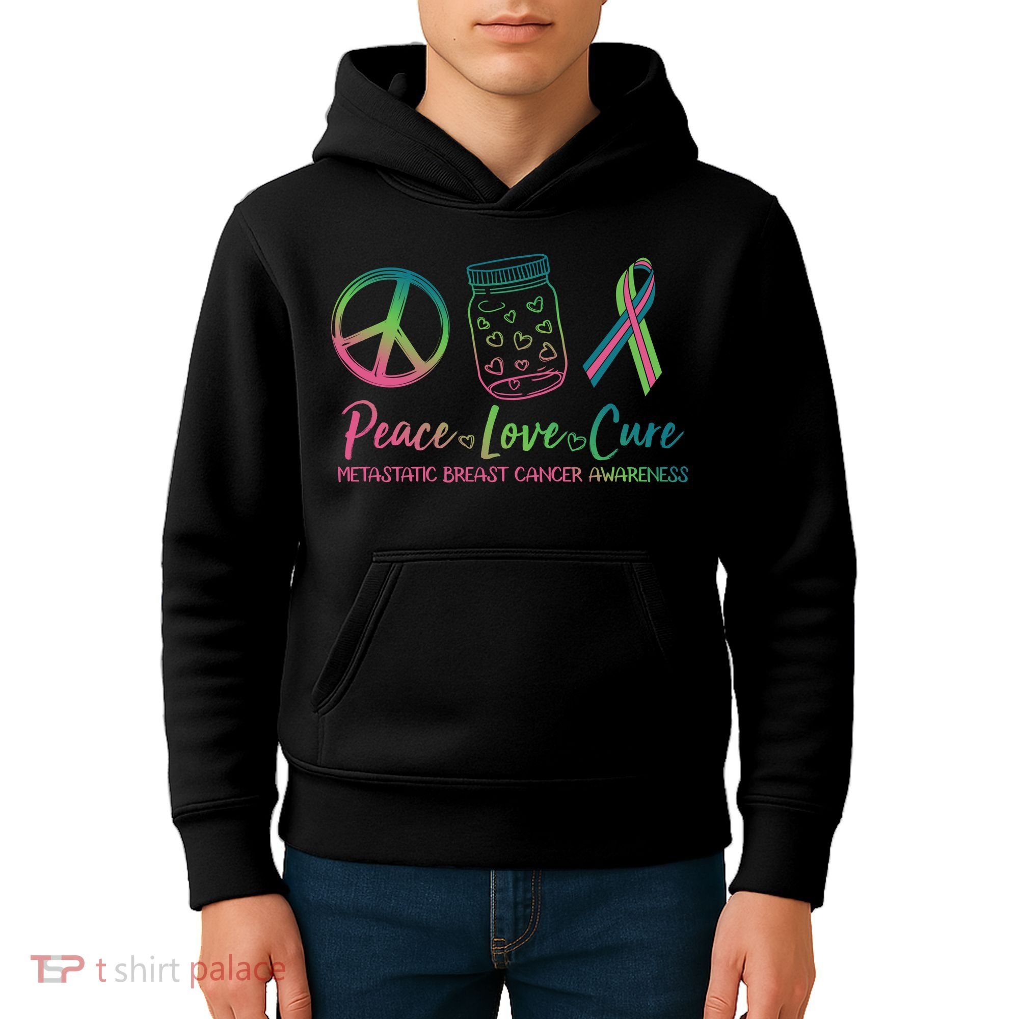 Peace Love Cure Metastatic Breast Cancer Awareness Kids Hoodie
