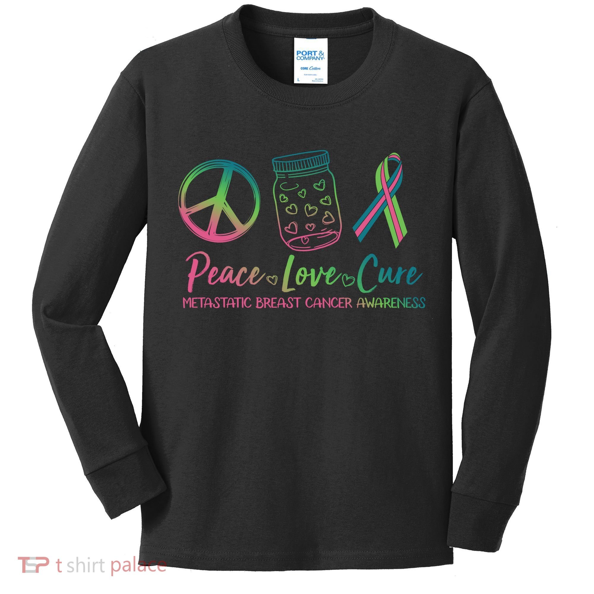 Peace Love Cure Metastatic Breast Cancer Awareness Kids Long Sleeve Shirt