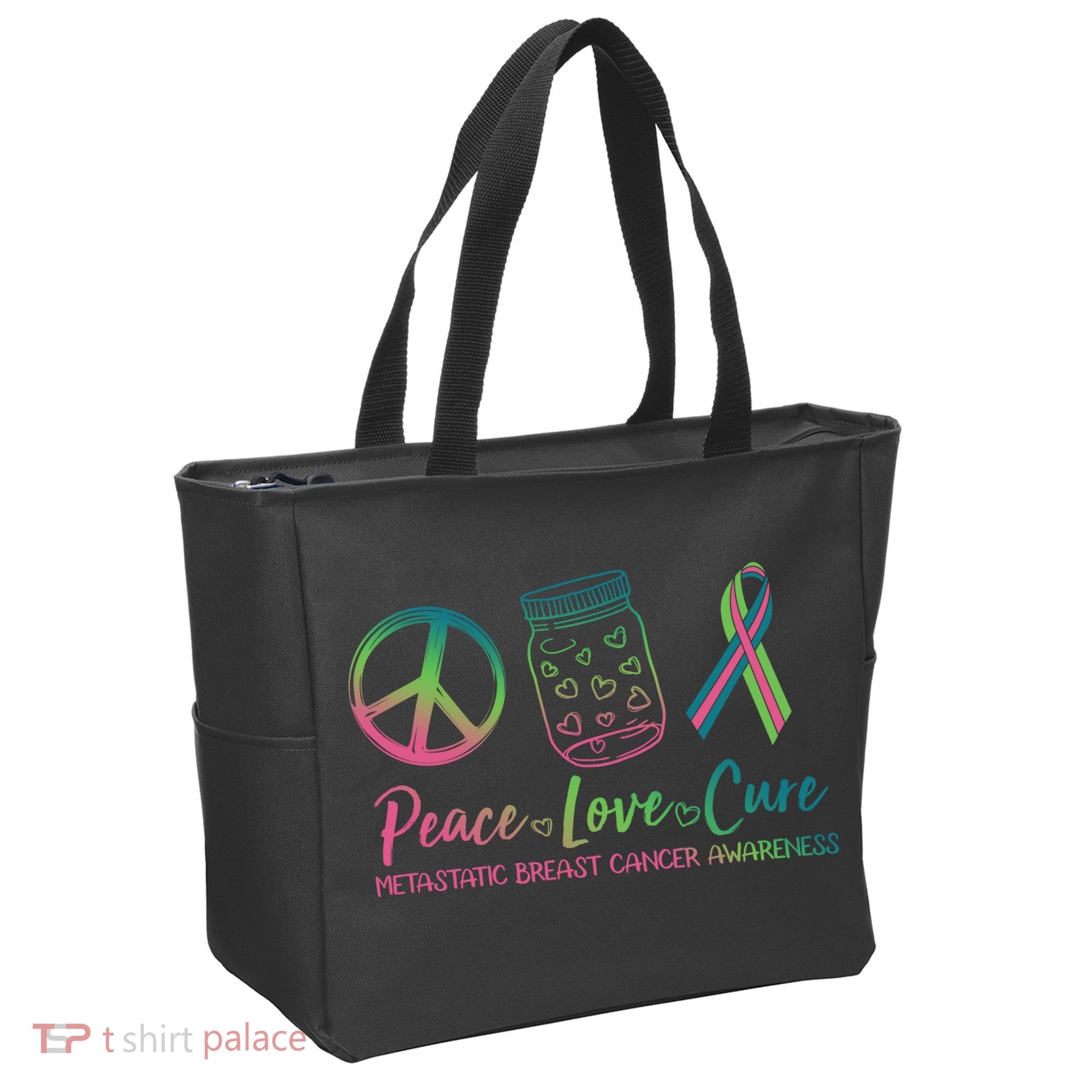 Peace Love Cure Metastatic Breast Cancer Awareness Tote Bag
