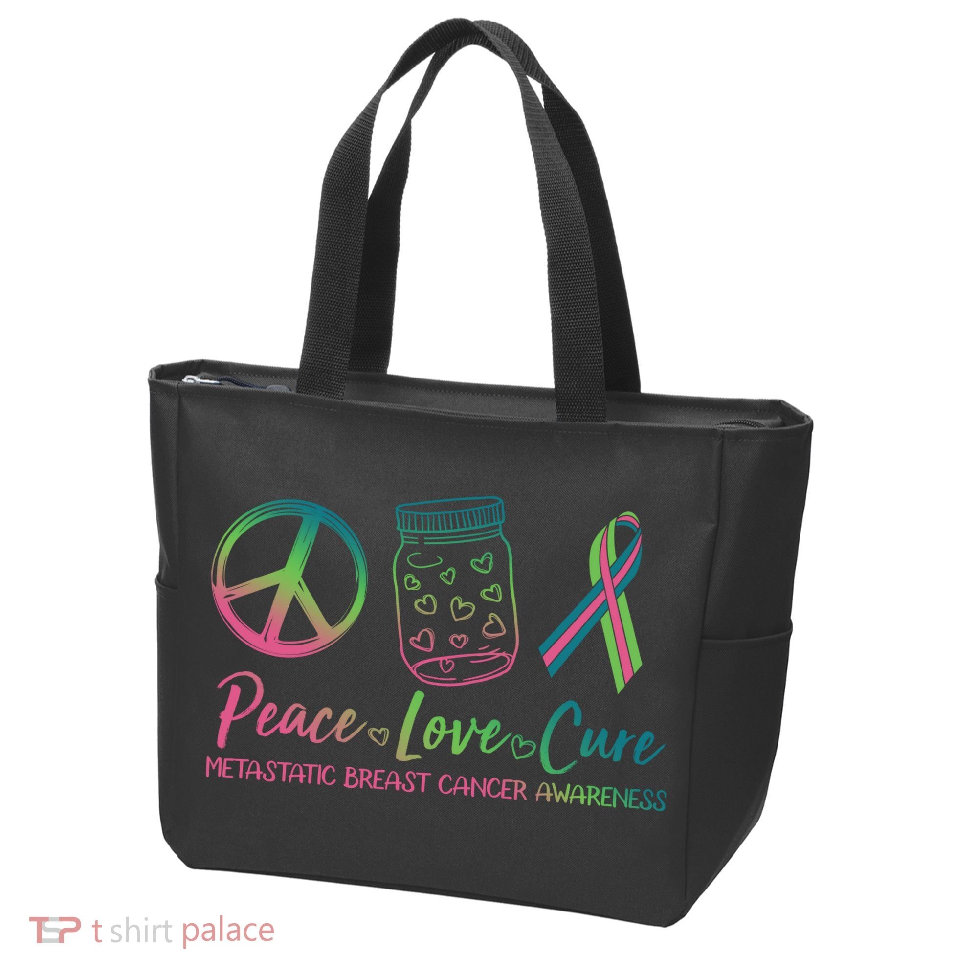 Peace Love Cure Metastatic Breast Cancer Awareness Tote Bag