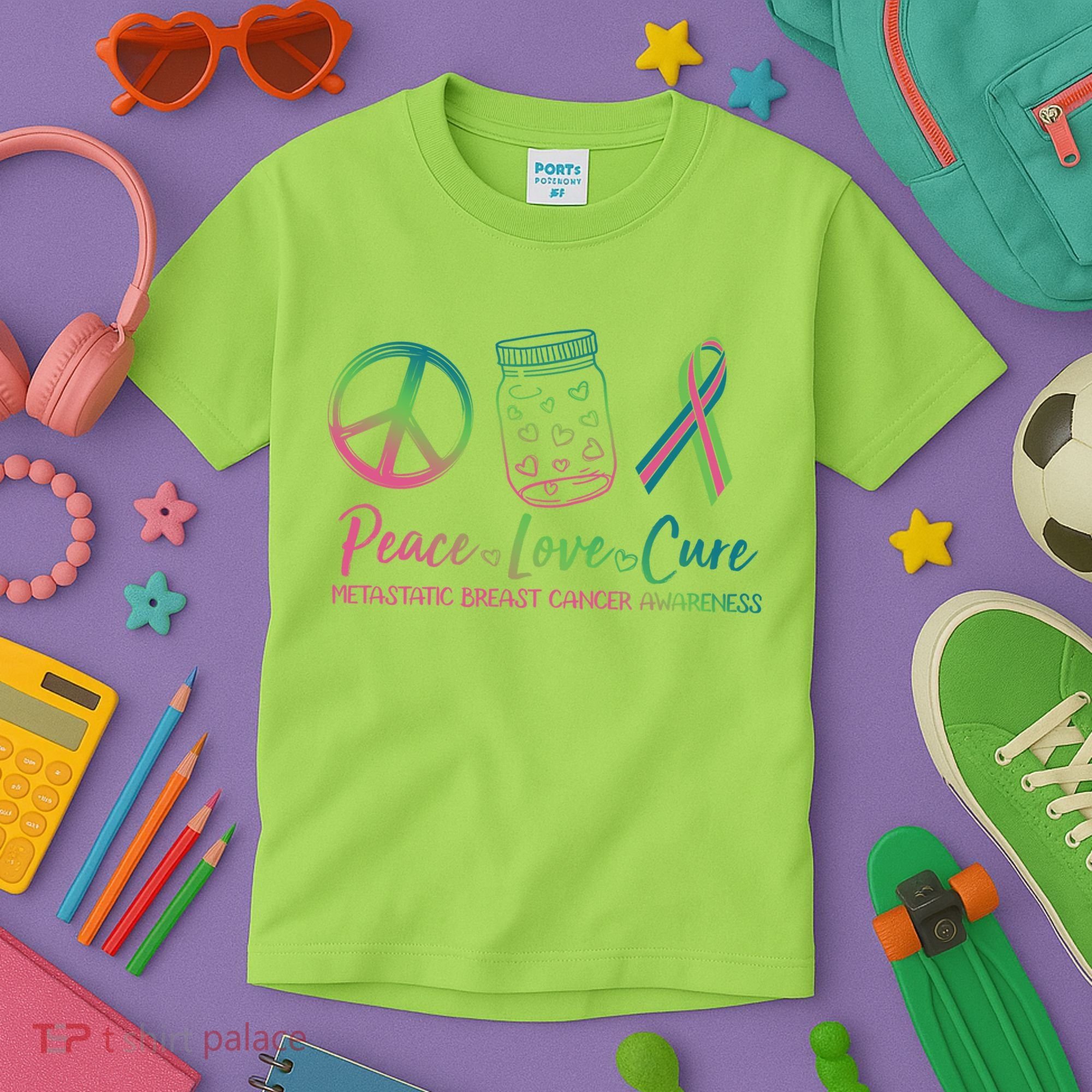 Peace Love Cure Metastatic Breast Cancer Awareness Kids T-Shirt