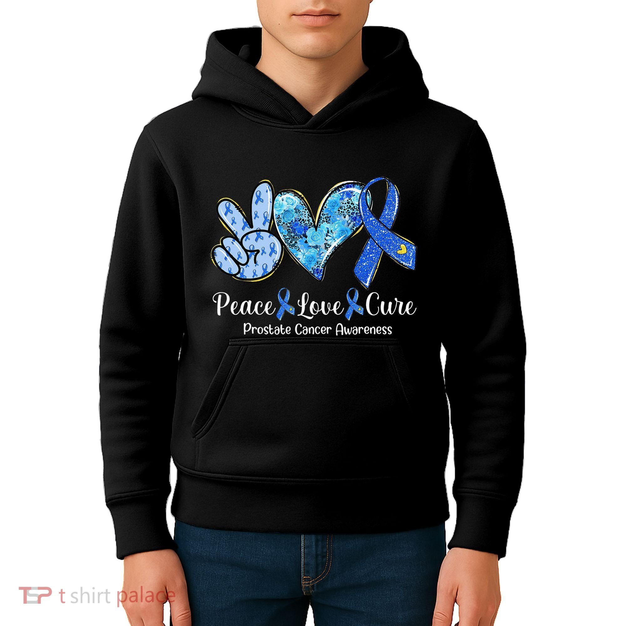 peace love cure blue ribbon prostate cancer awareness s Kids Hoodie