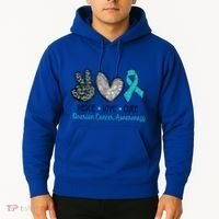 Peace Love Cure Teal Ribon Ovarian Cancer Awareness Warrior Gift Hoodie thumb 2
