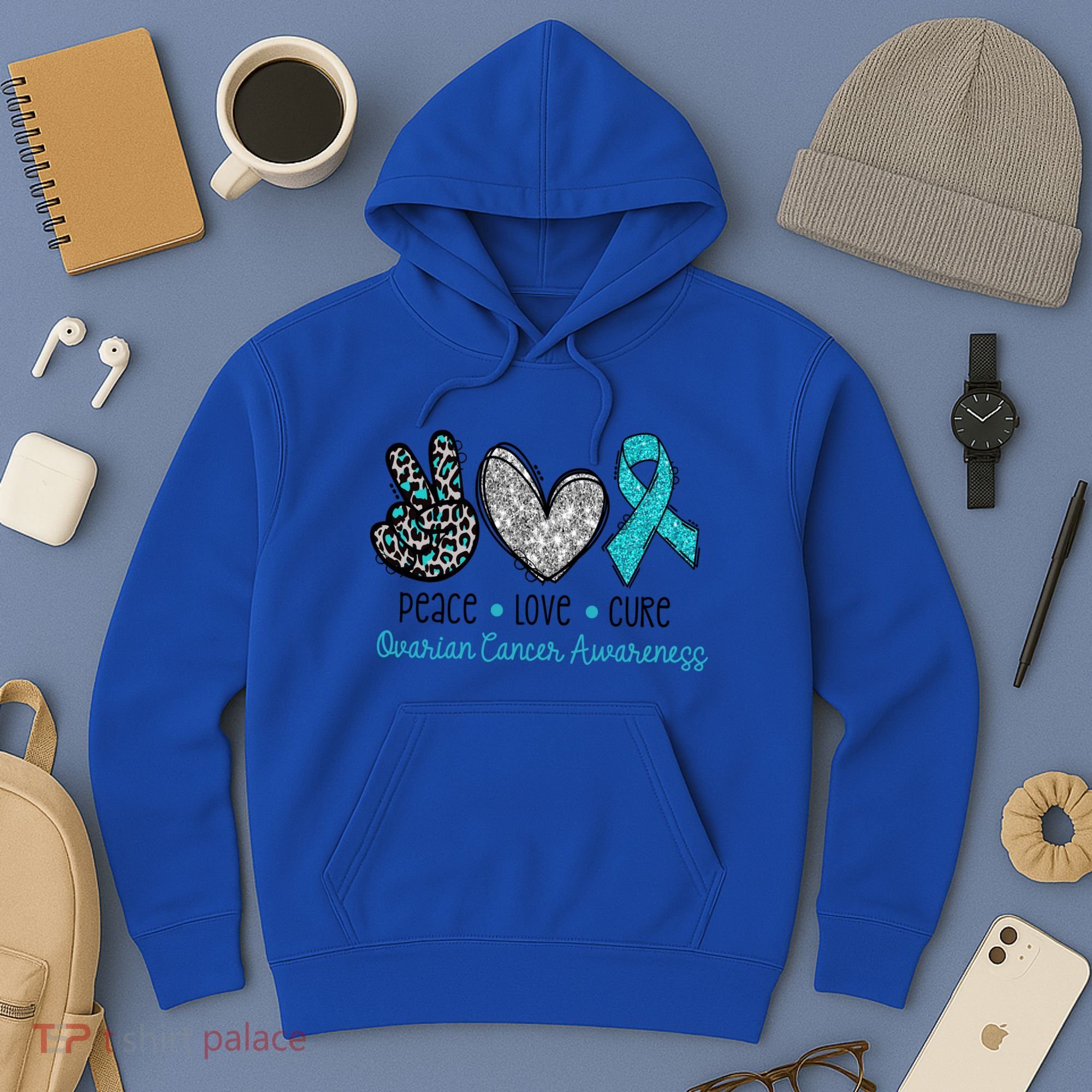 Peace Love Cure Teal Ribon Ovarian Cancer Awareness Warrior Gift Hoodie