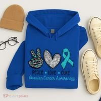 Peace Love Cure Teal Ribon Ovarian Cancer Awareness Warrior Gift Hoodie thumb 4