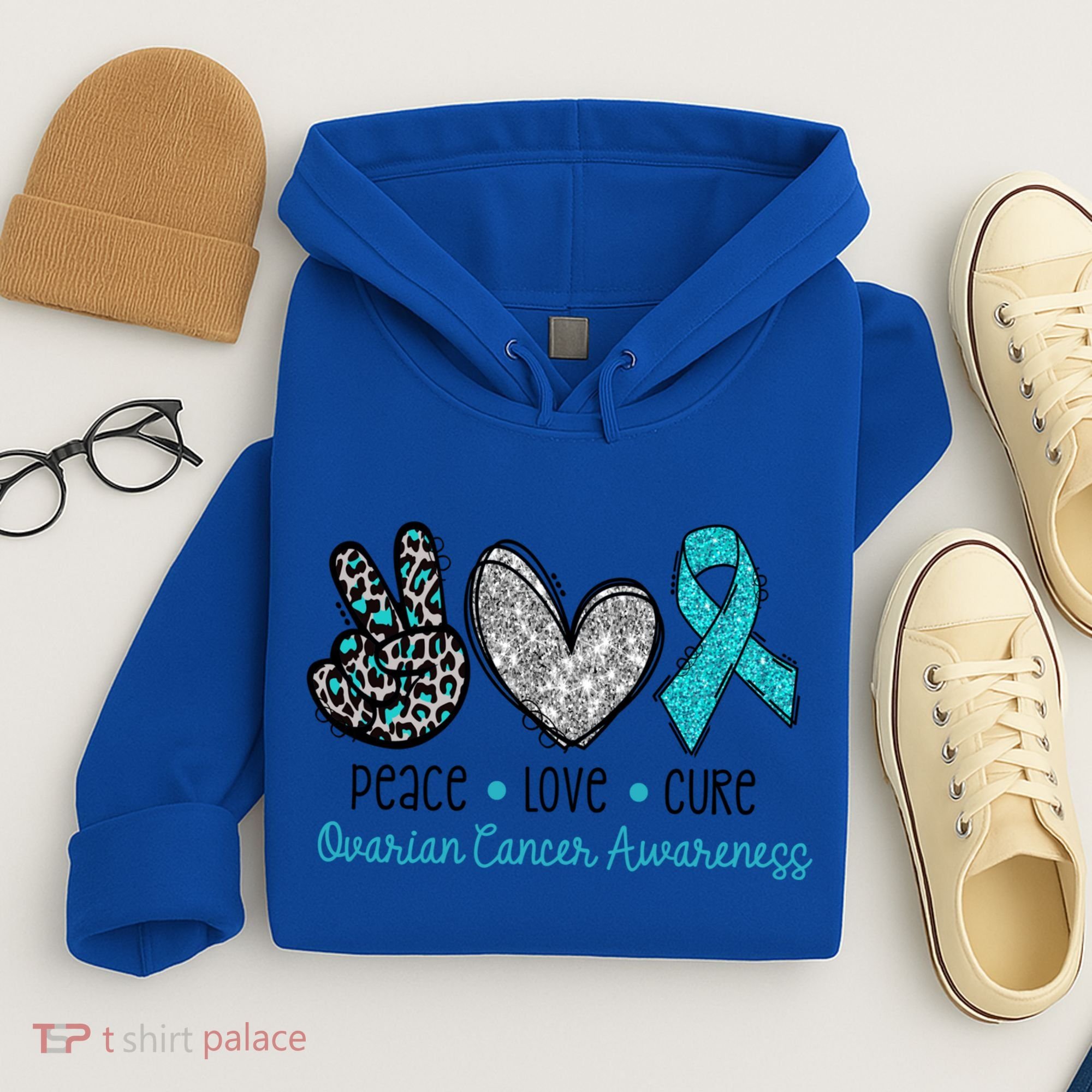 Peace Love Cure Teal Ribon Ovarian Cancer Awareness Warrior Gift Hoodie