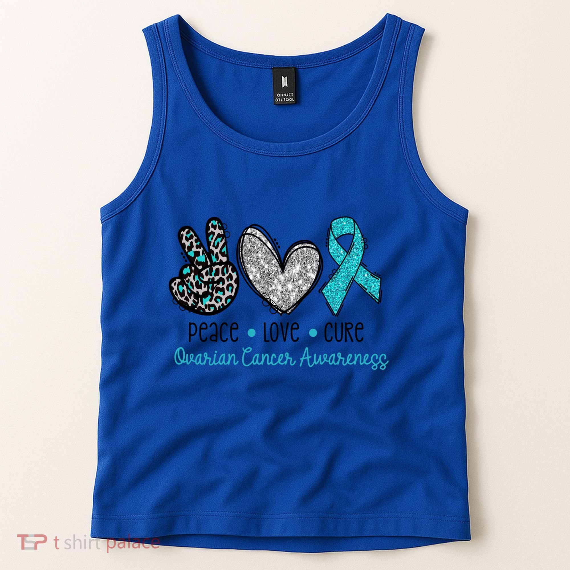 Peace Love Cure Teal Ribon Ovarian Cancer Awareness Warrior Gift Tank Top
