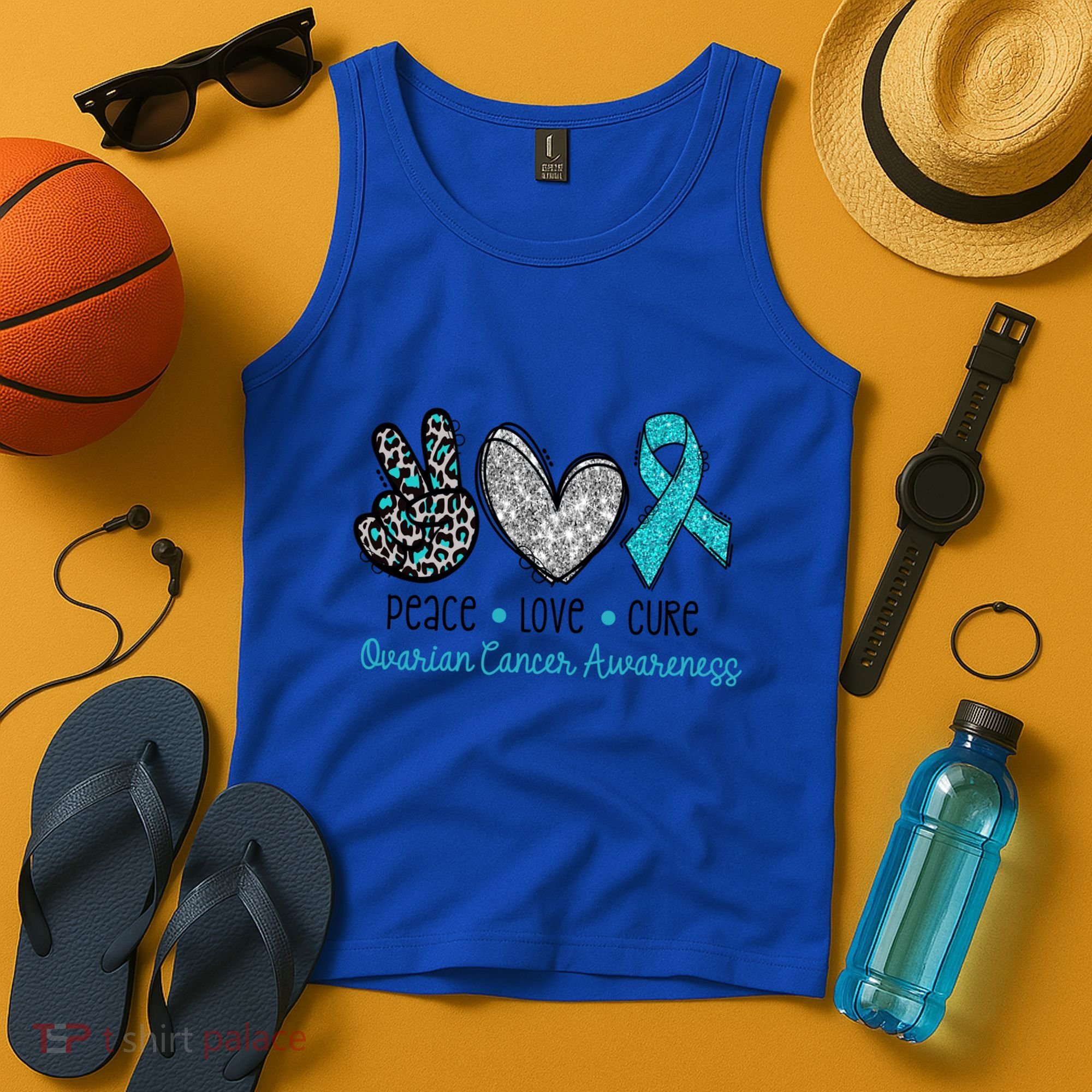 Peace Love Cure Teal Ribon Ovarian Cancer Awareness Warrior Gift Tank Top