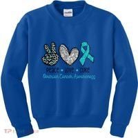Peace Love Cure Teal Ribon Ovarian Cancer Awareness Warrior Gift Kids Sweatshirt thumb 0