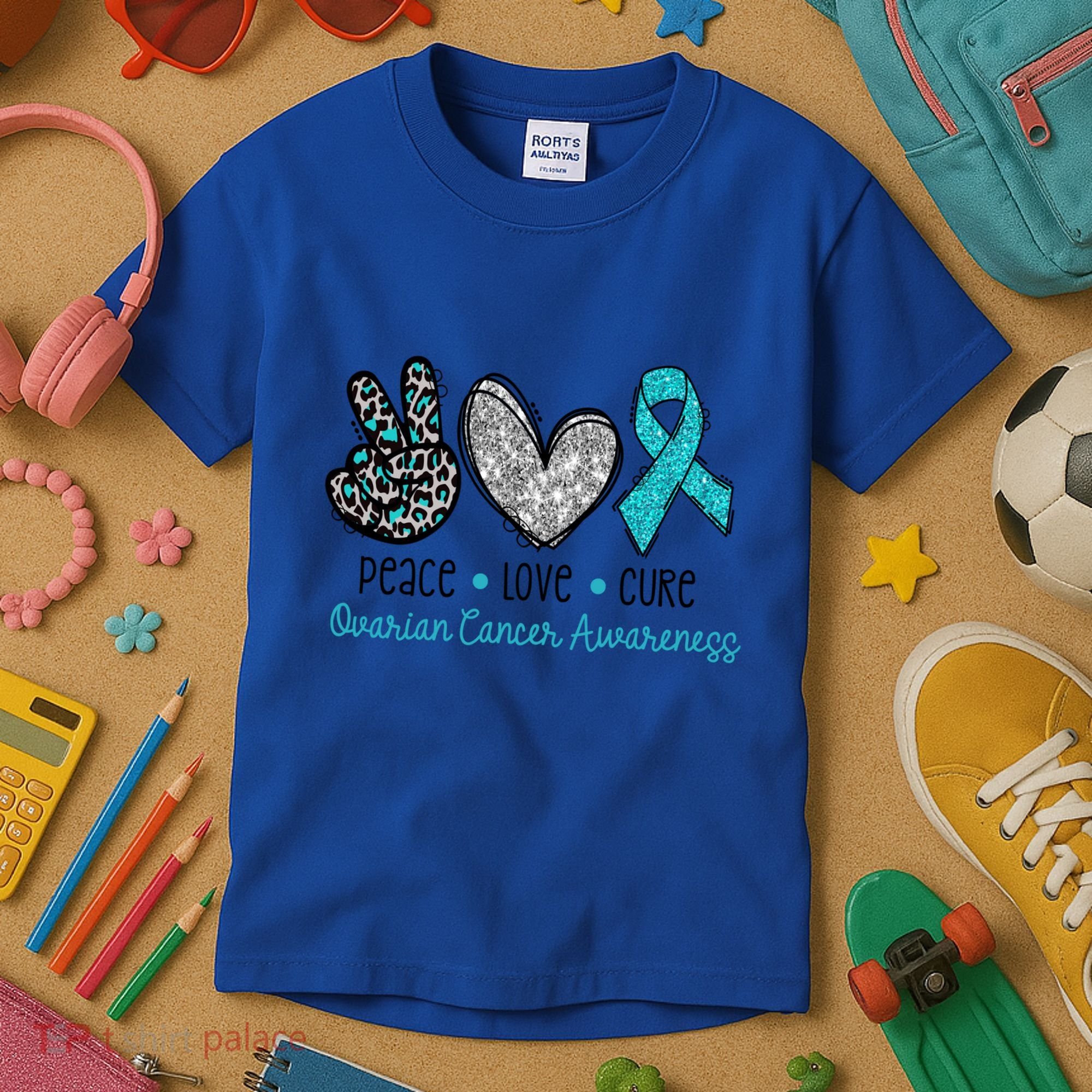 Peace Love Cure Teal Ribon Ovarian Cancer Awareness Warrior Gift Kids T-Shirt
