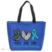 Peace Love Cure Teal Ribon Ovarian Cancer Awareness Warrior Gift Tote Bag thumb 0