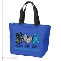 Peace Love Cure Teal Ribon Ovarian Cancer Awareness Warrior Gift Tote Bag thumb 3