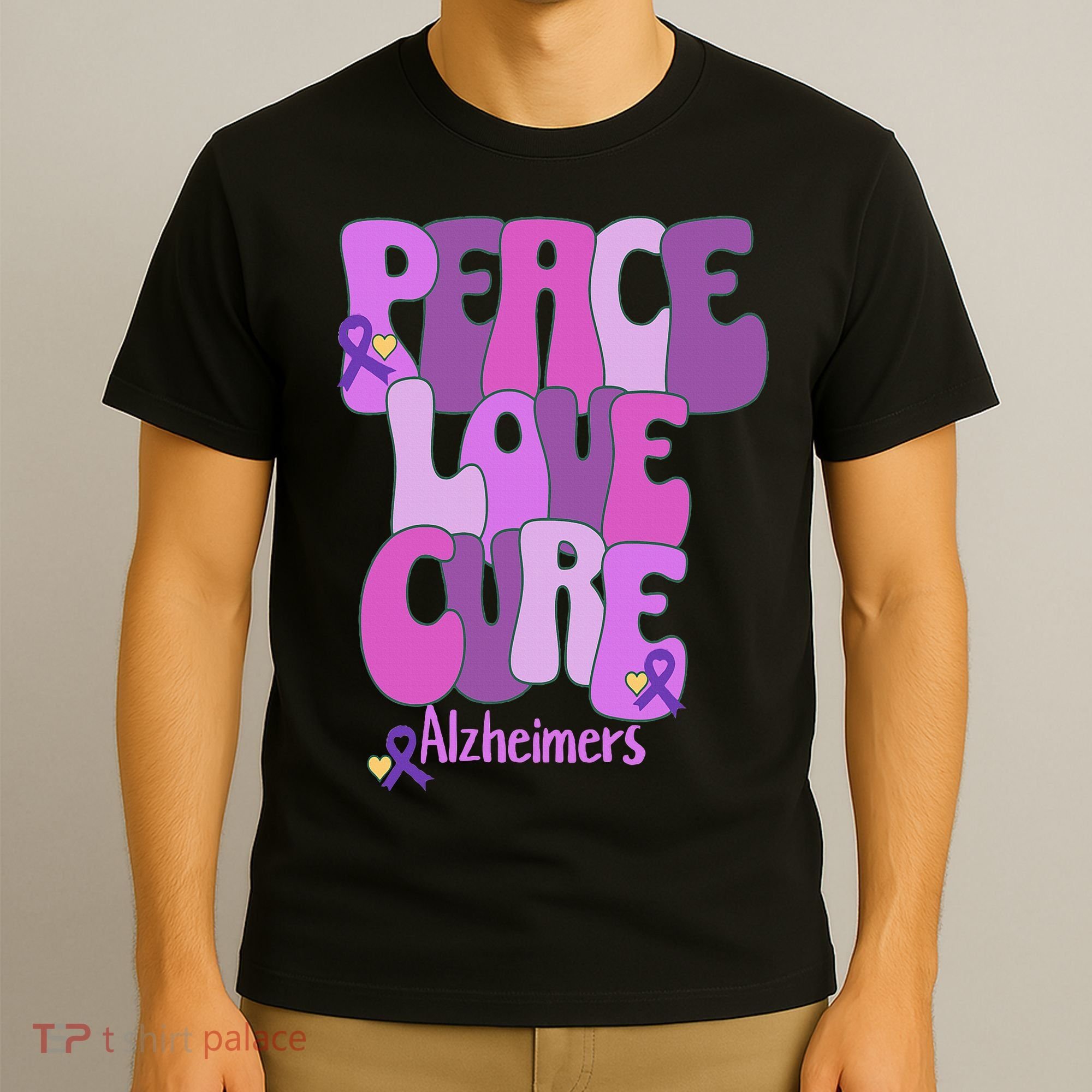 Peace Love Cure Alzheimer's Awareness Purple Ribbon End Alz T-Shirt