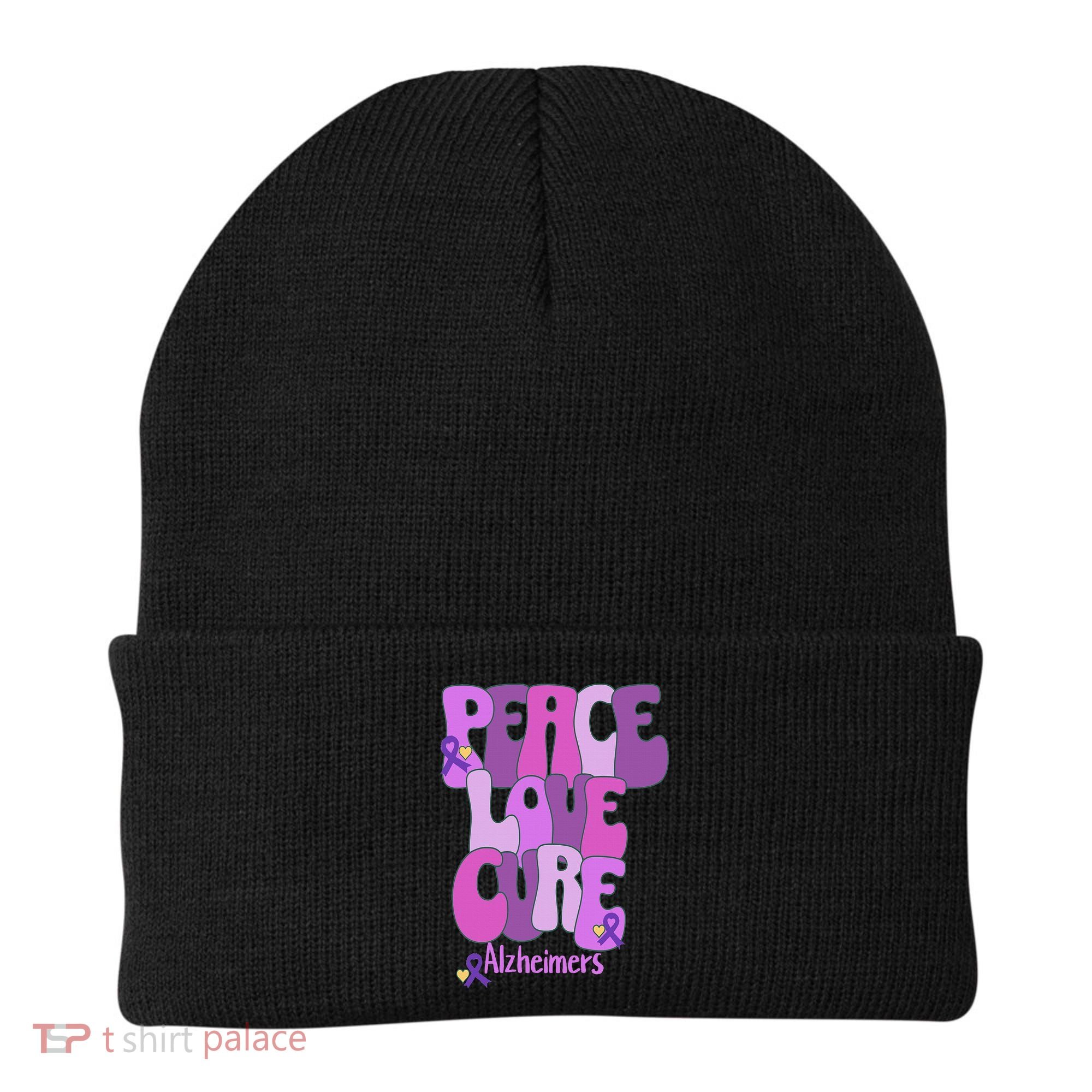Peace Love Cure Alzheimer's Awareness Purple Ribbon End Alz Beanie