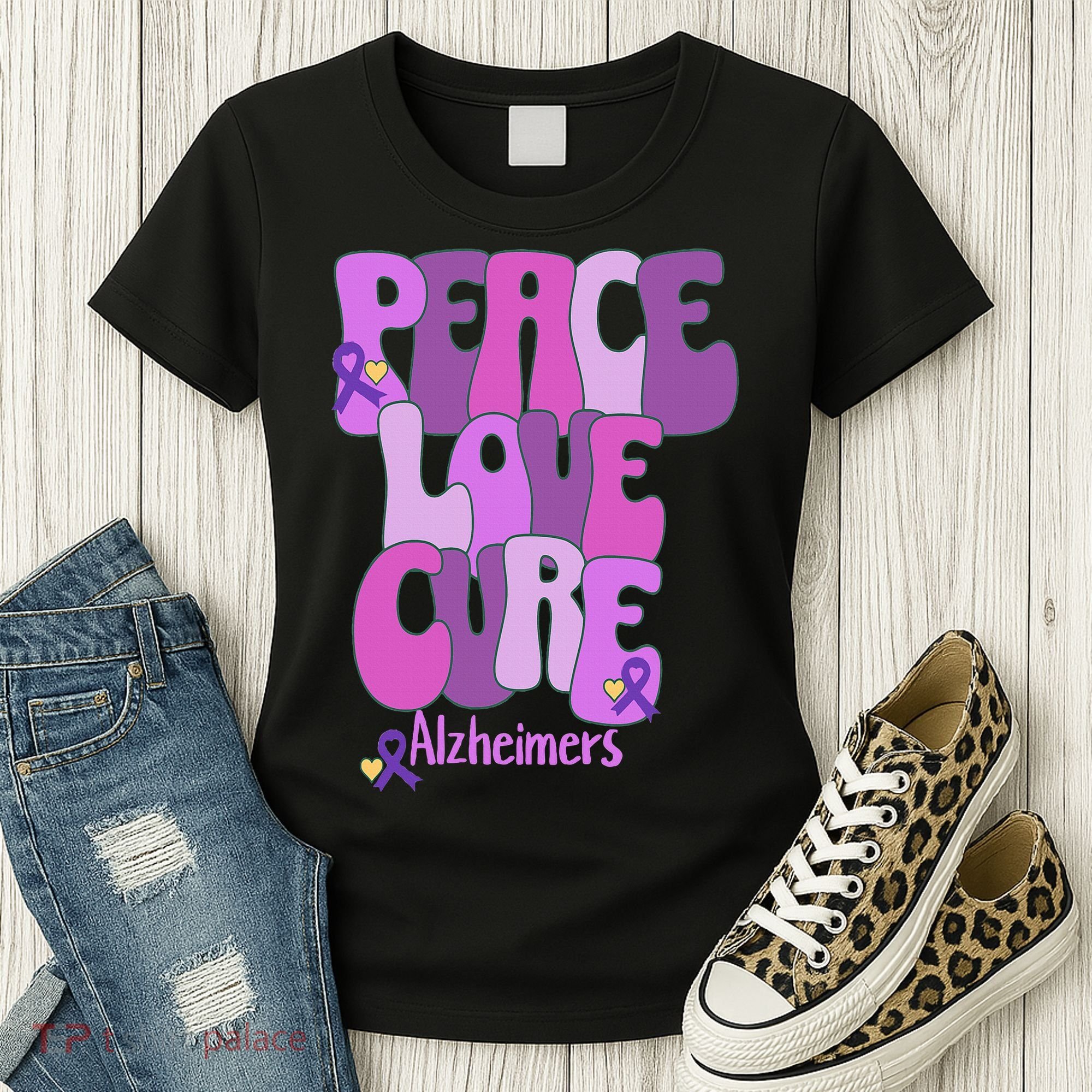 Peace Love Cure Alzheimer's Awareness Purple Ribbon End Alz Women's T-Shirt
