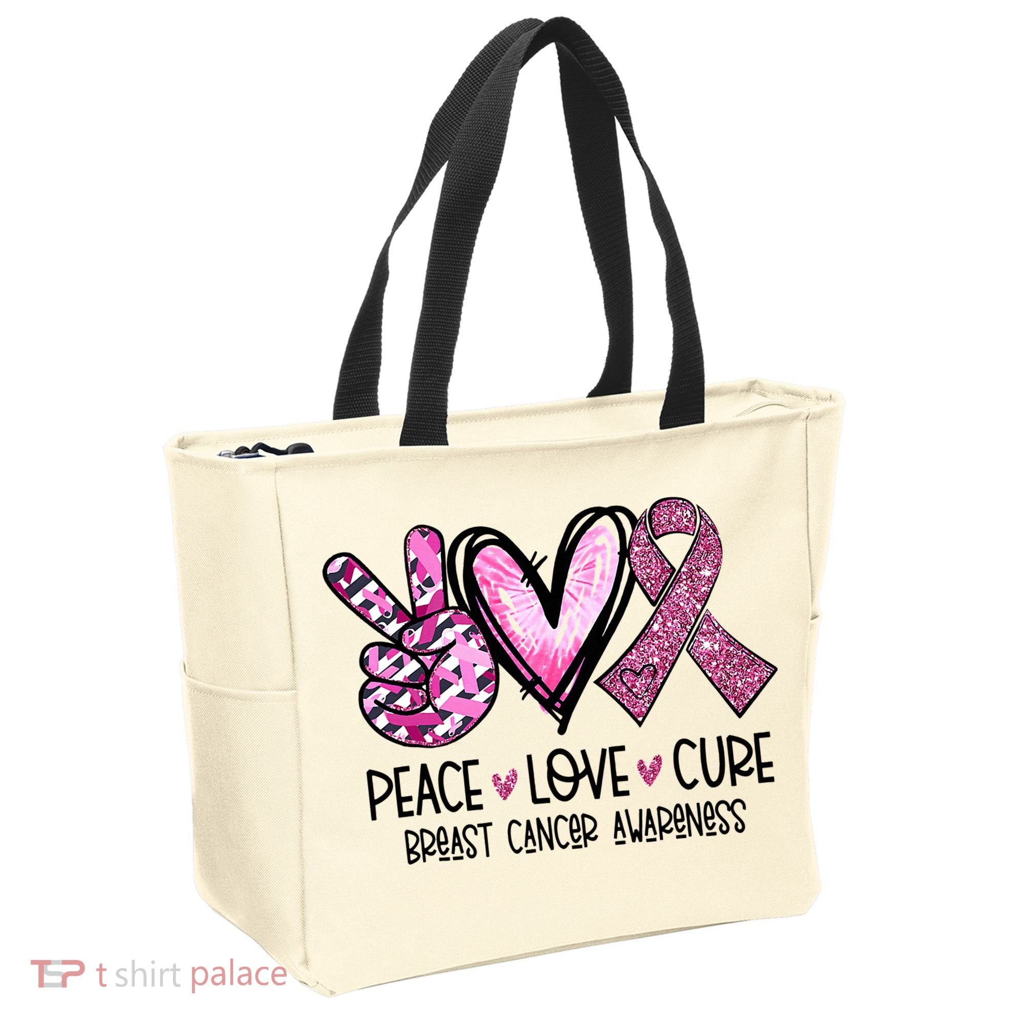 Peace Love Cure Pink Ribbon Cancer Breast Awareness Tote Bag