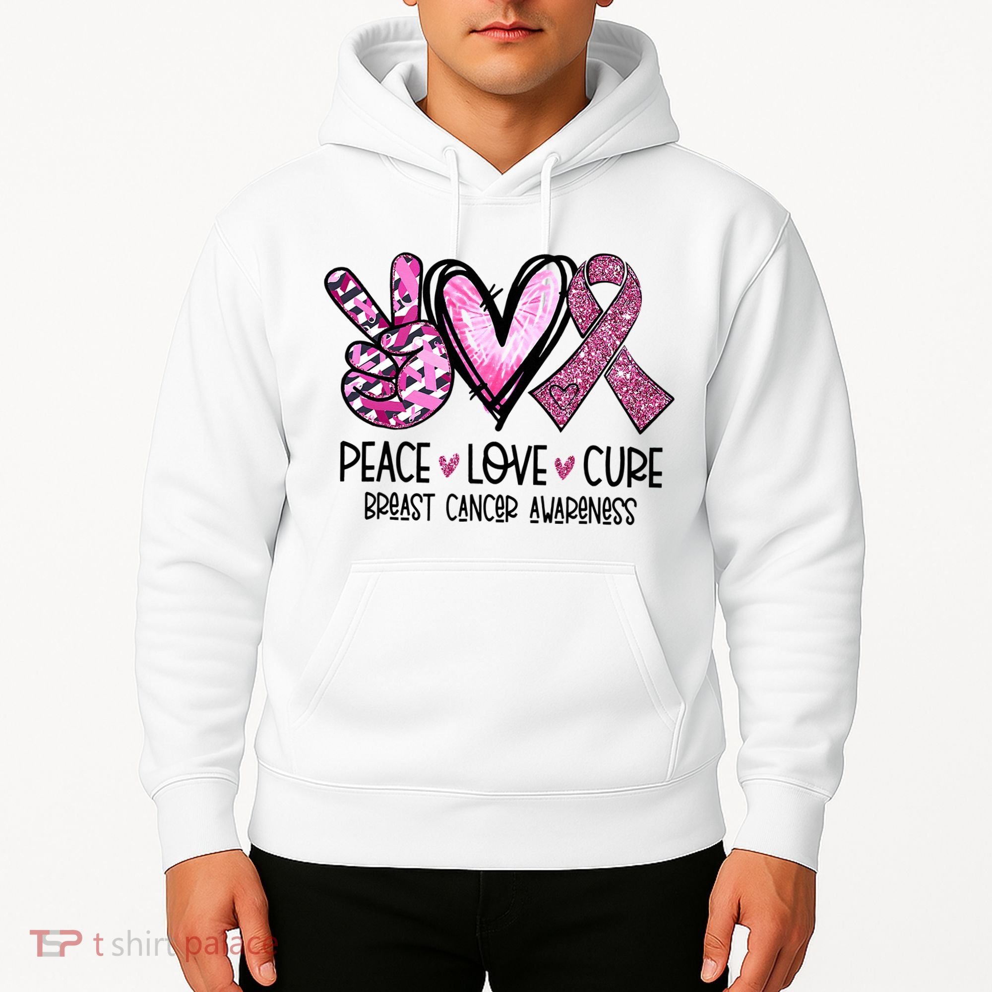 Peace Love Cure Pink Ribbon Cancer Breast Awareness Hoodie