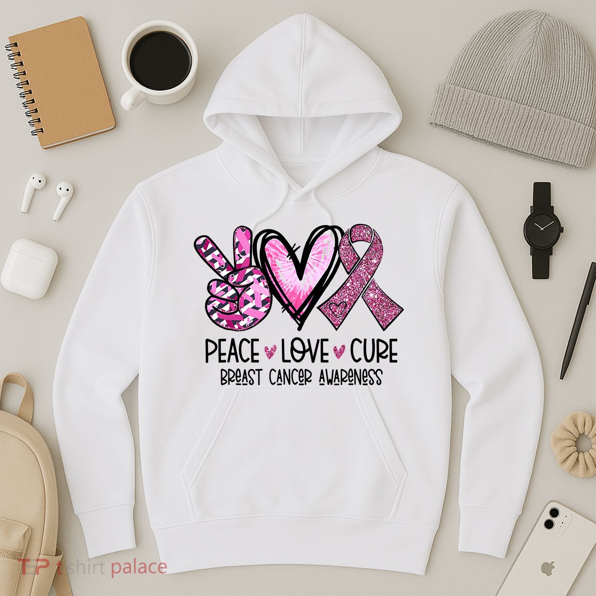 Peace Love Cure Pink Ribbon Cancer Breast Awareness Hoodie