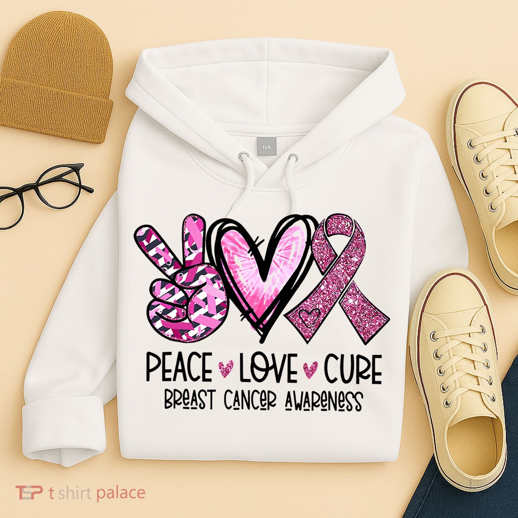 Peace Love Cure Pink Ribbon Cancer Breast Awareness Hoodie