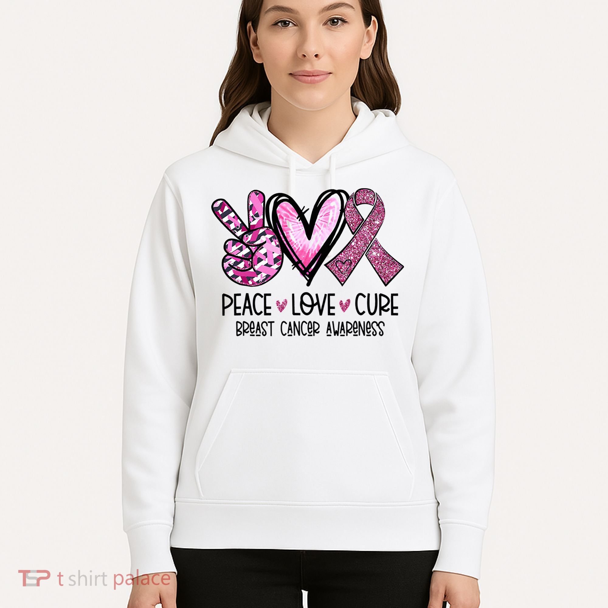 Peace Love Cure Pink Ribbon Cancer Breast Awareness Hoodie