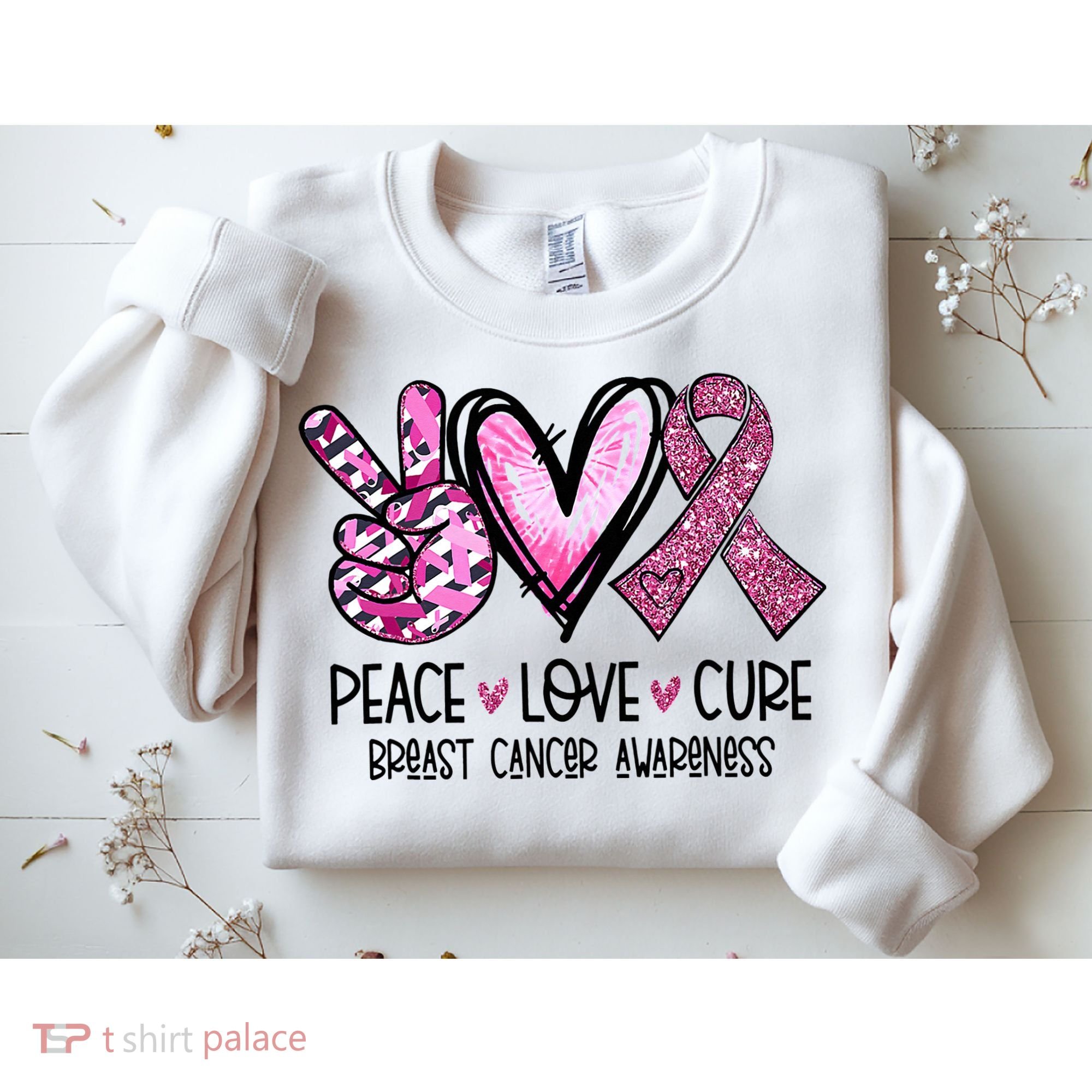 Peace Love Cure Pink Ribbon Cancer Breast Awareness Sweatshirt
